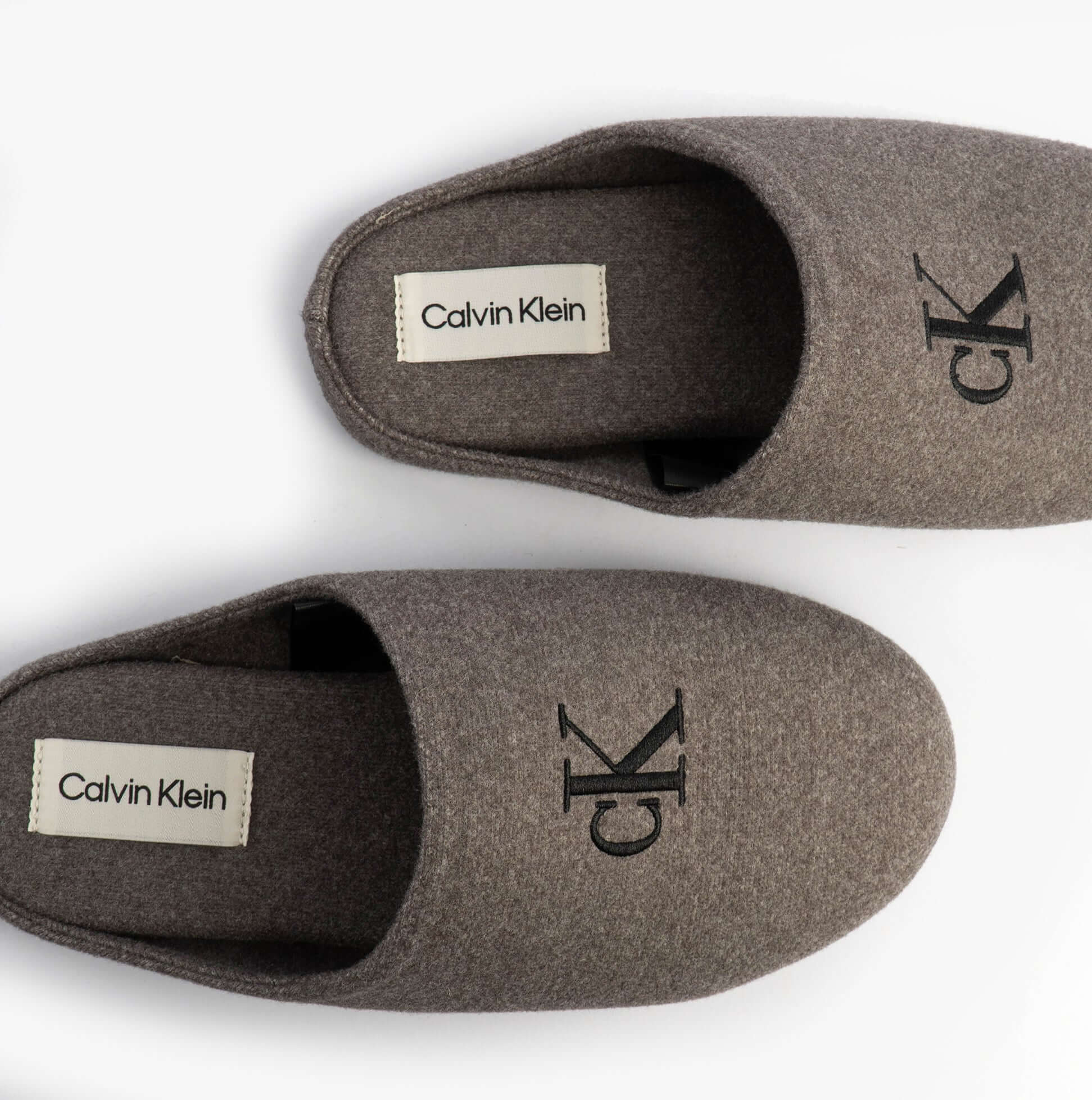 Calvin Klein Mens HOME Felt Signature Logo Mule Slippers Grey top view showcasing logo and comfortable design.