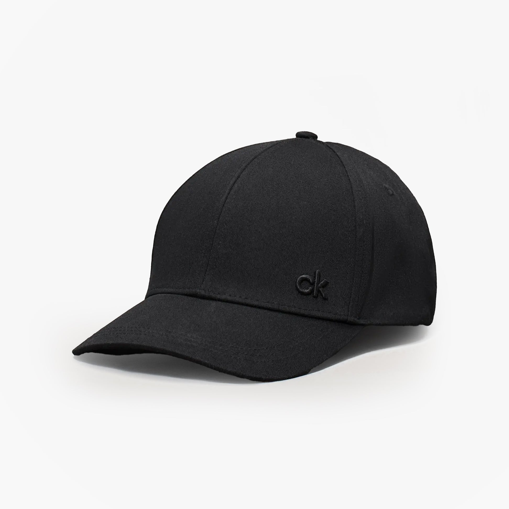 Calvin Klein Mens BASEBALL CAP Black side view with adjustable strap and logo detail, made from 100% cotton.