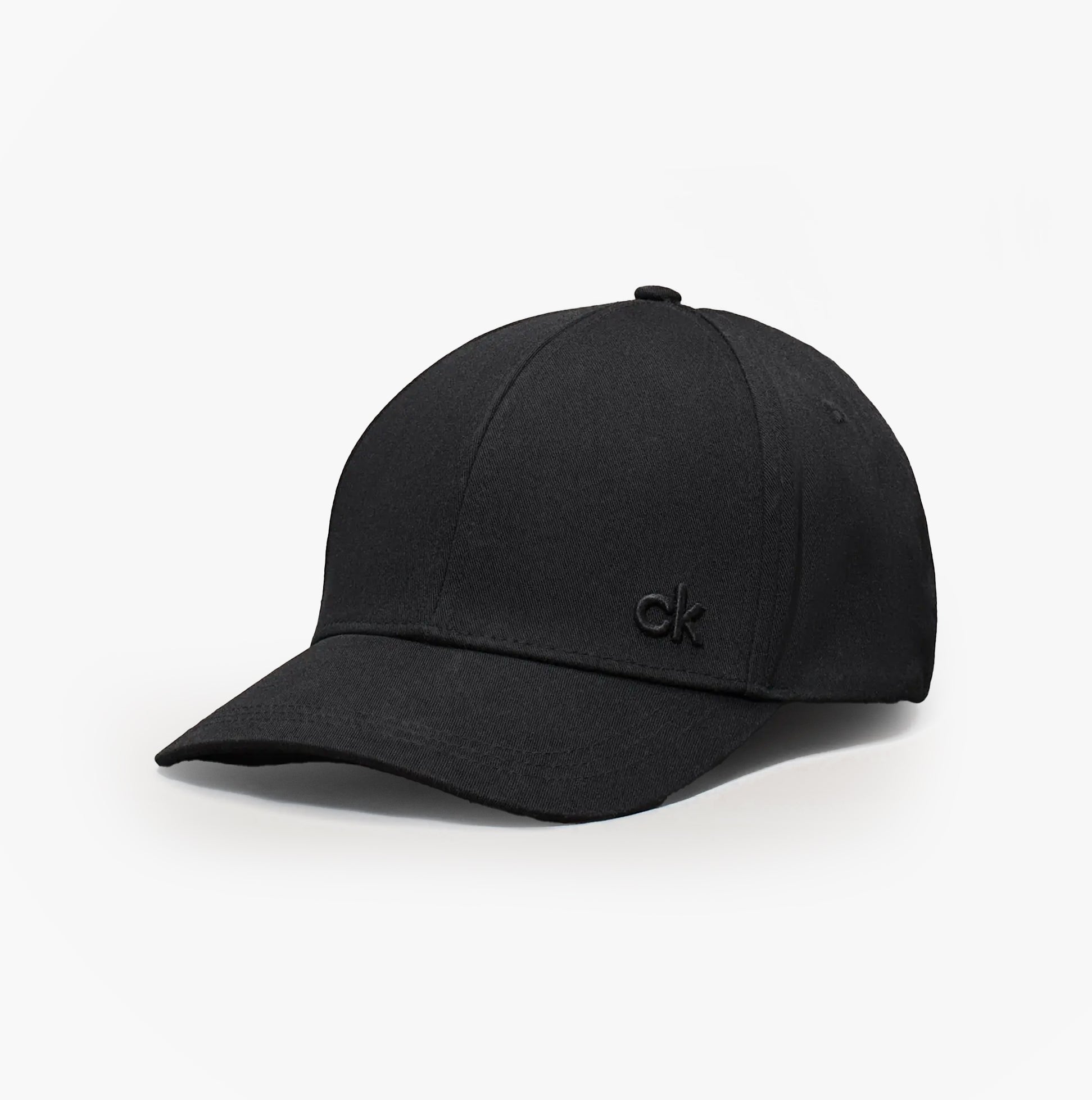 Calvin Klein Mens BASEBALL CAP Black side view with adjustable strap and logo detail, made from 100% cotton.
