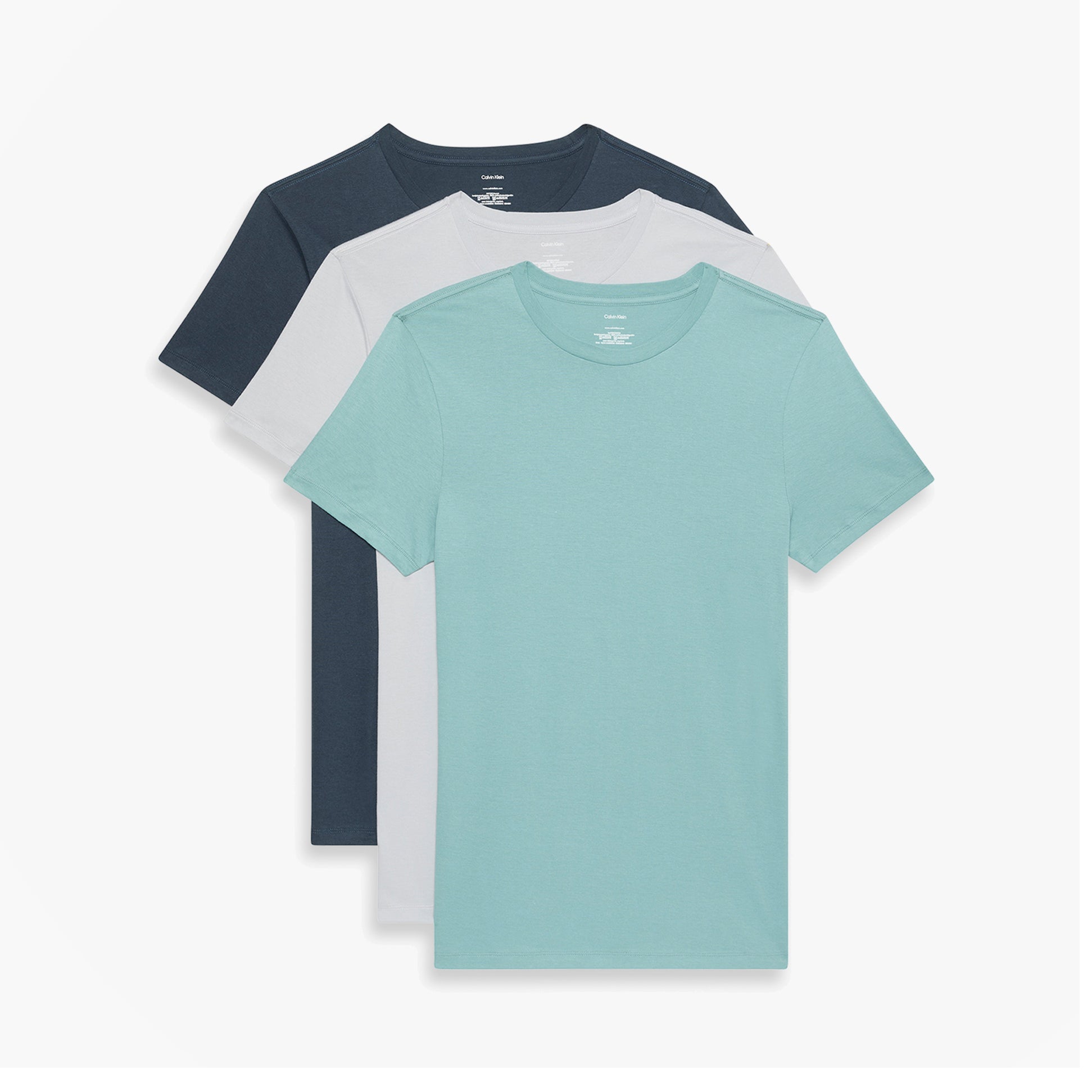 Calvin Klein 3 Pack Mens Crew neck T-Shirt Cotton Classics Multi Colour front view showing teal, white and navy t-shirts.
