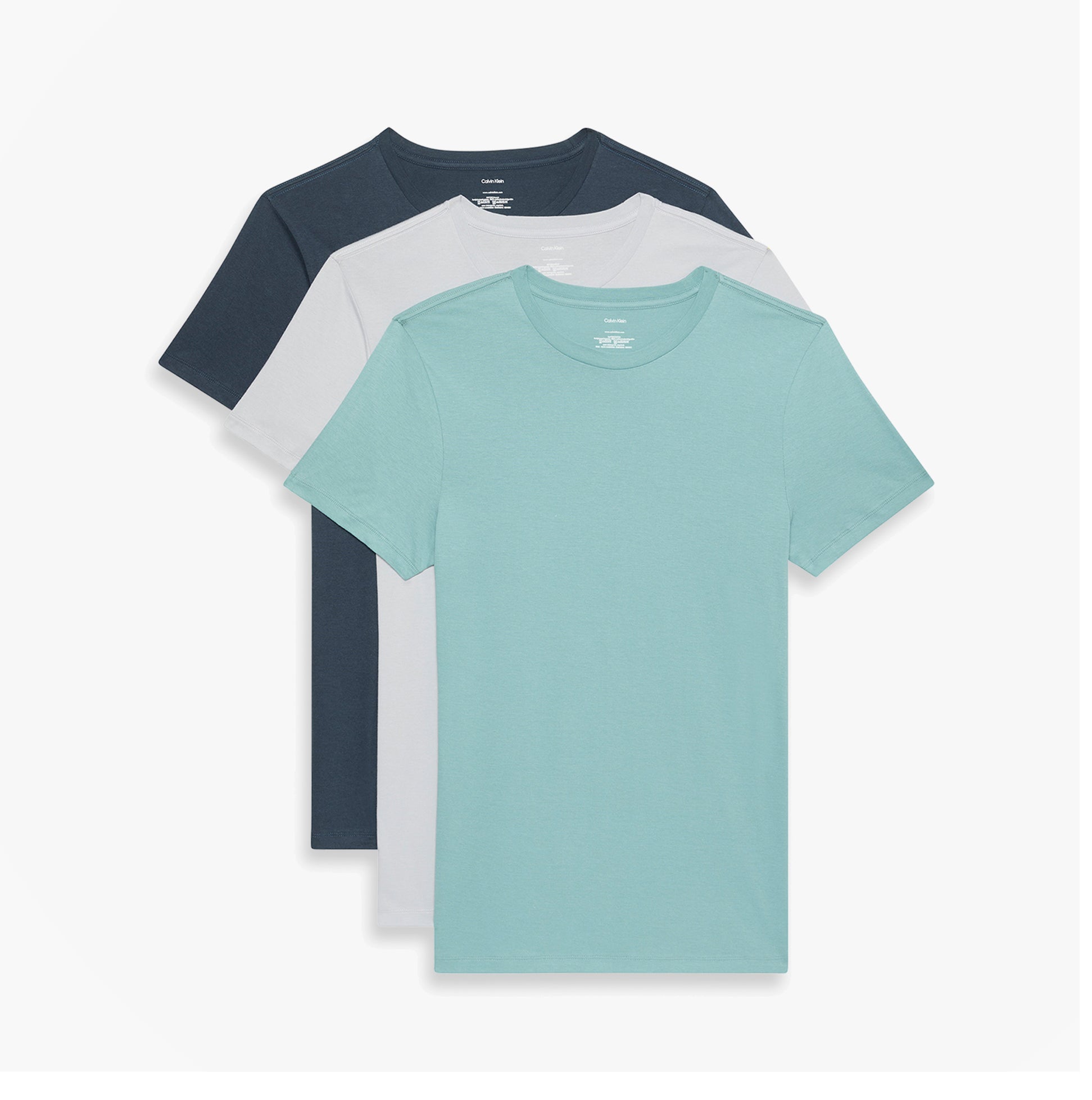 Calvin Klein 3 Pack Mens Crew neck T-Shirt Cotton Classics Multi Colour front view showing teal, white and navy t-shirts.