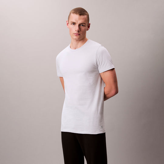 Calvin Klein 3 Pack Mens Crew neck T-Shirt Cotton Classics Multi Colour front view on model, showcasing soft cotton fabric.