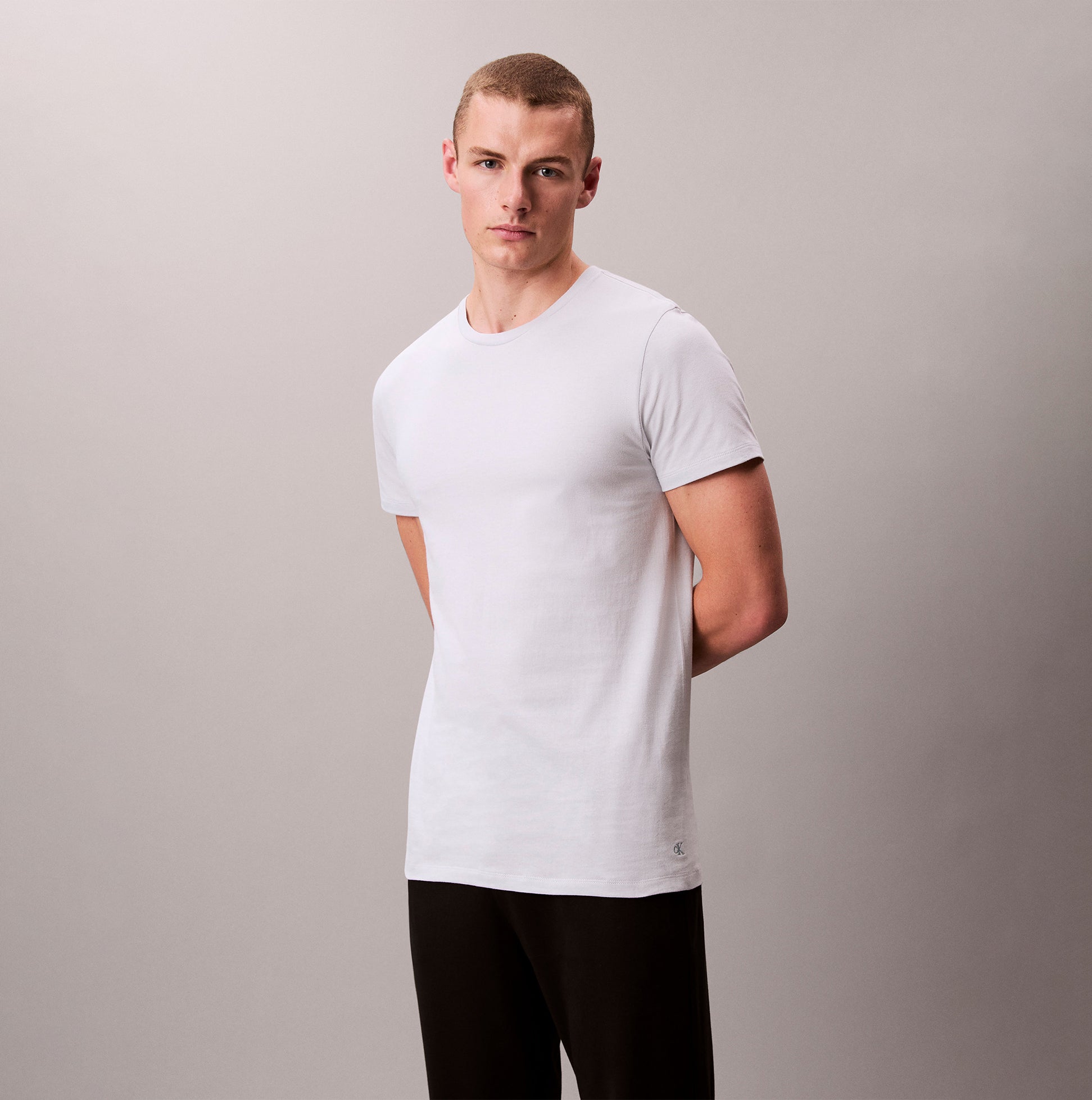Calvin Klein 3 Pack Mens Crew neck T-Shirt Cotton Classics Multi Colour front view on model, showcasing soft cotton fabric.