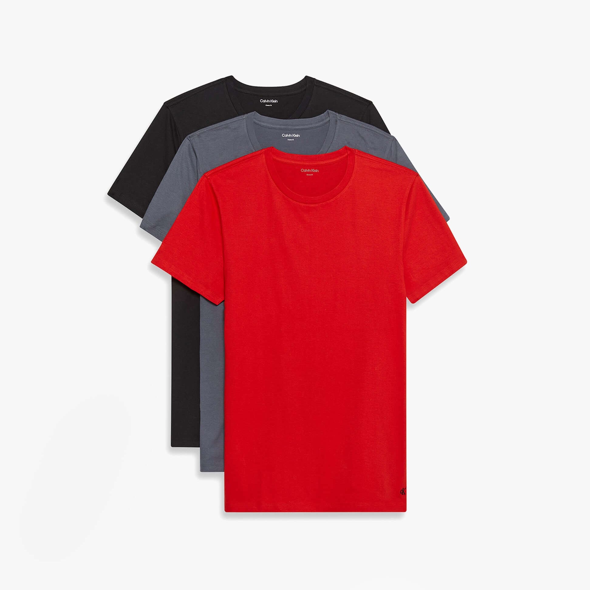 Calvin Klein S/S CREW NECK 3 PACK Mens T-Shirts & Tank Tops Multicoloured front view showing black, grey, and red t-shirts.