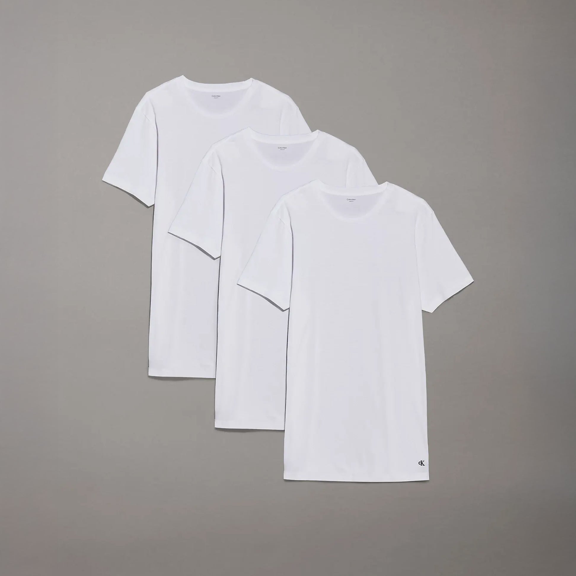 Calvin Klein 100% COTTON 3 Pack Mens T-Shirts White displayed in a front view showcasing three short sleeve t-shirts.