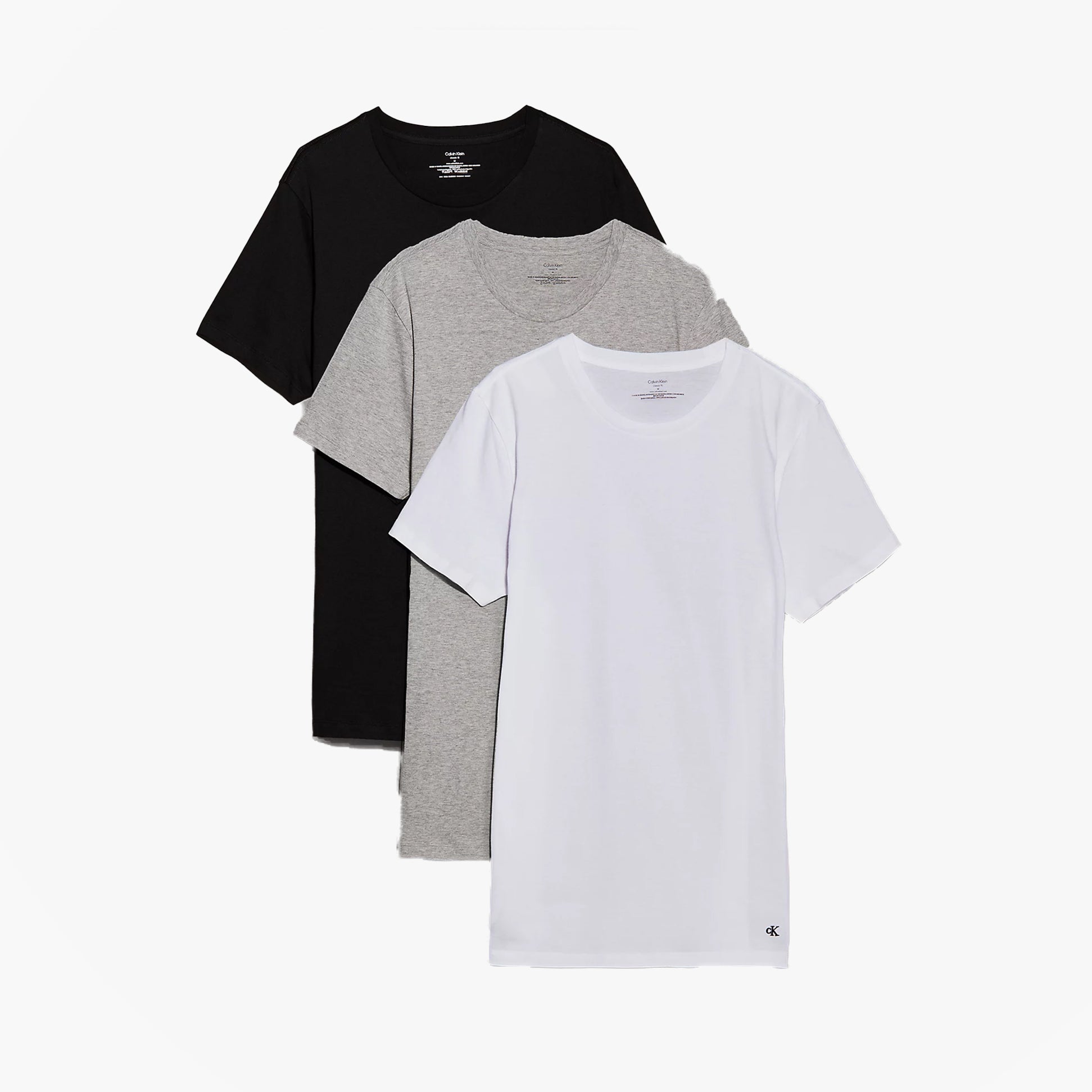 Calvin Klein 100% COTTON 3 Pack Mens T-Shirts Black/Grey Heather/White front view showcasing black, grey, and white t-shirts.