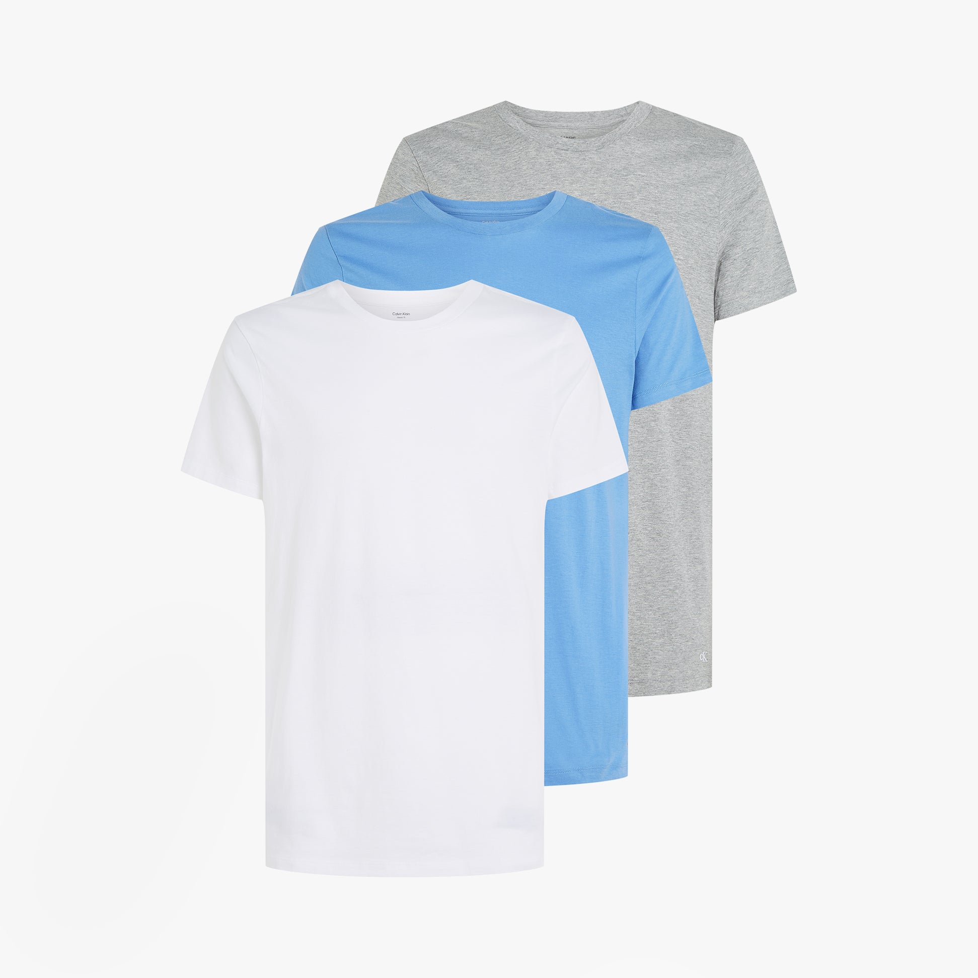 Calvin Klein 100% COTTON 3 Pack Mens T-Shirts Black/Grey Heather/Glacier front view of t-shirts in black, grey heather, and glacier blue.