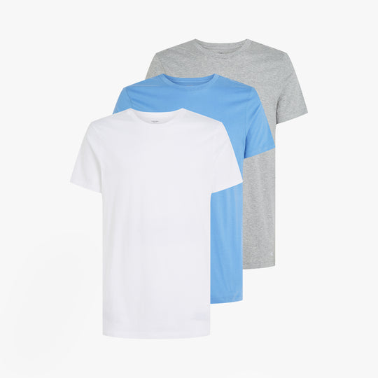 Calvin Klein 100% COTTON 3 Pack Mens T-Shirts Black/Grey Heather/Glacier front view of t-shirts in black, grey heather, and glacier blue.