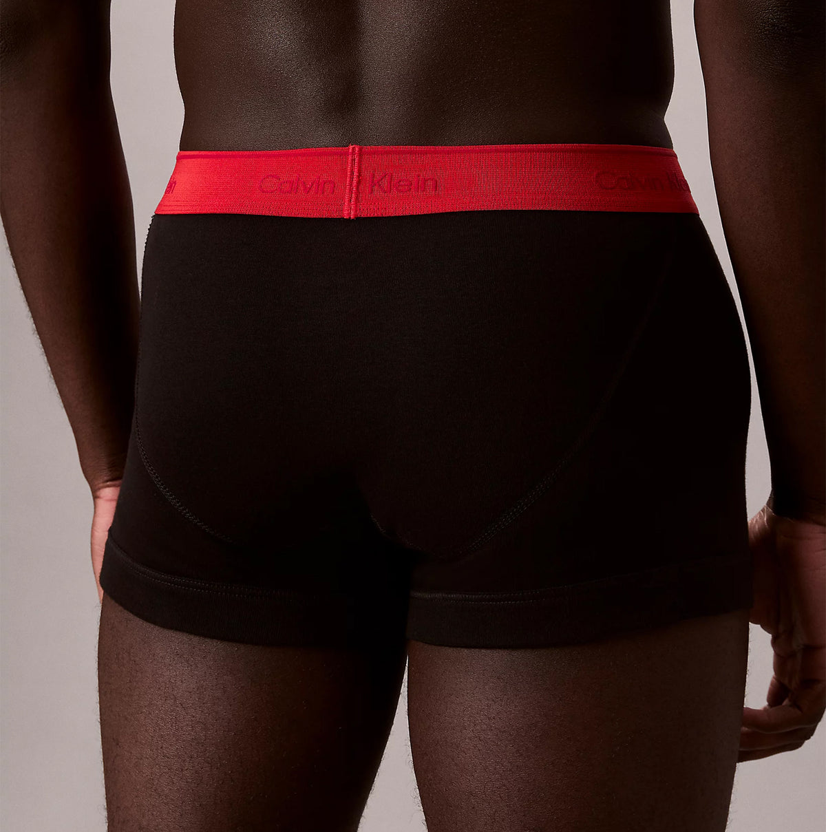 Calvin Klein TRUNK Mens 5 PACK Multicoloured rear view of black trunks with red waistband.