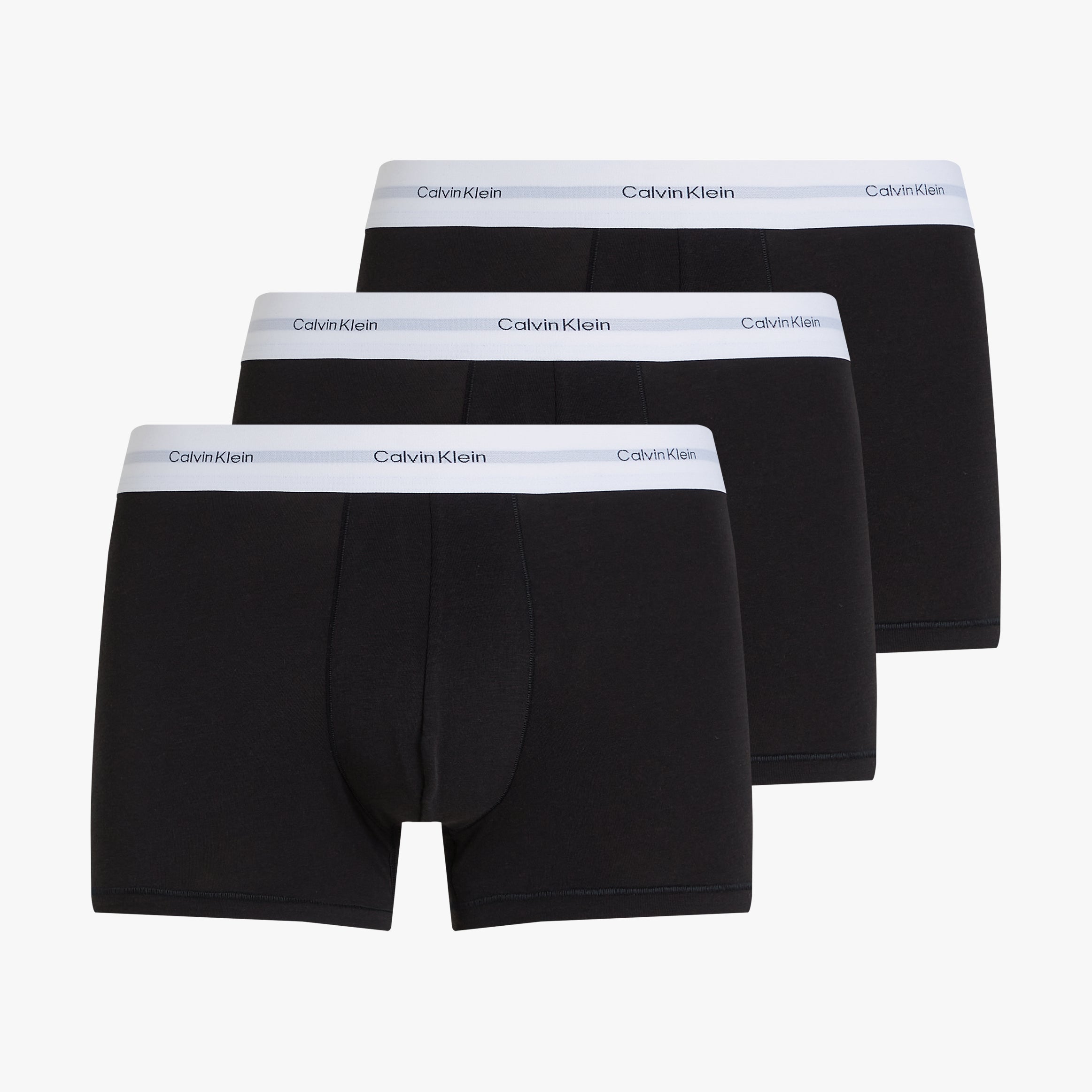 Calvin Klein COTTON 3 Pack Mens Trunks Black, front view showcasing three black trunks with signature waistband.