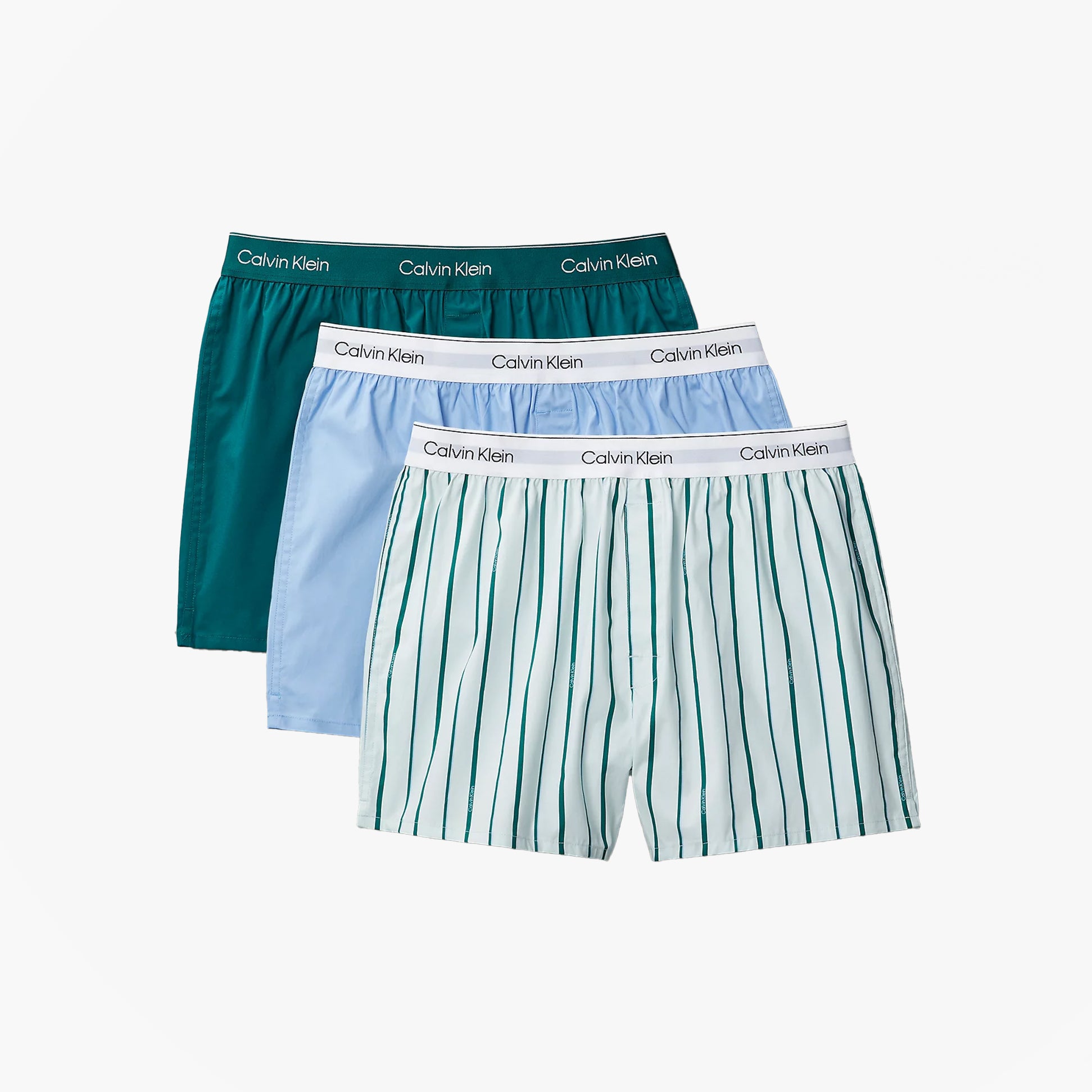 Calvin Klein BOXER SLIM 3 Pack Mens Cotton Stretch Multicoloured side view of three boxer shorts in green, blue, and striped design.