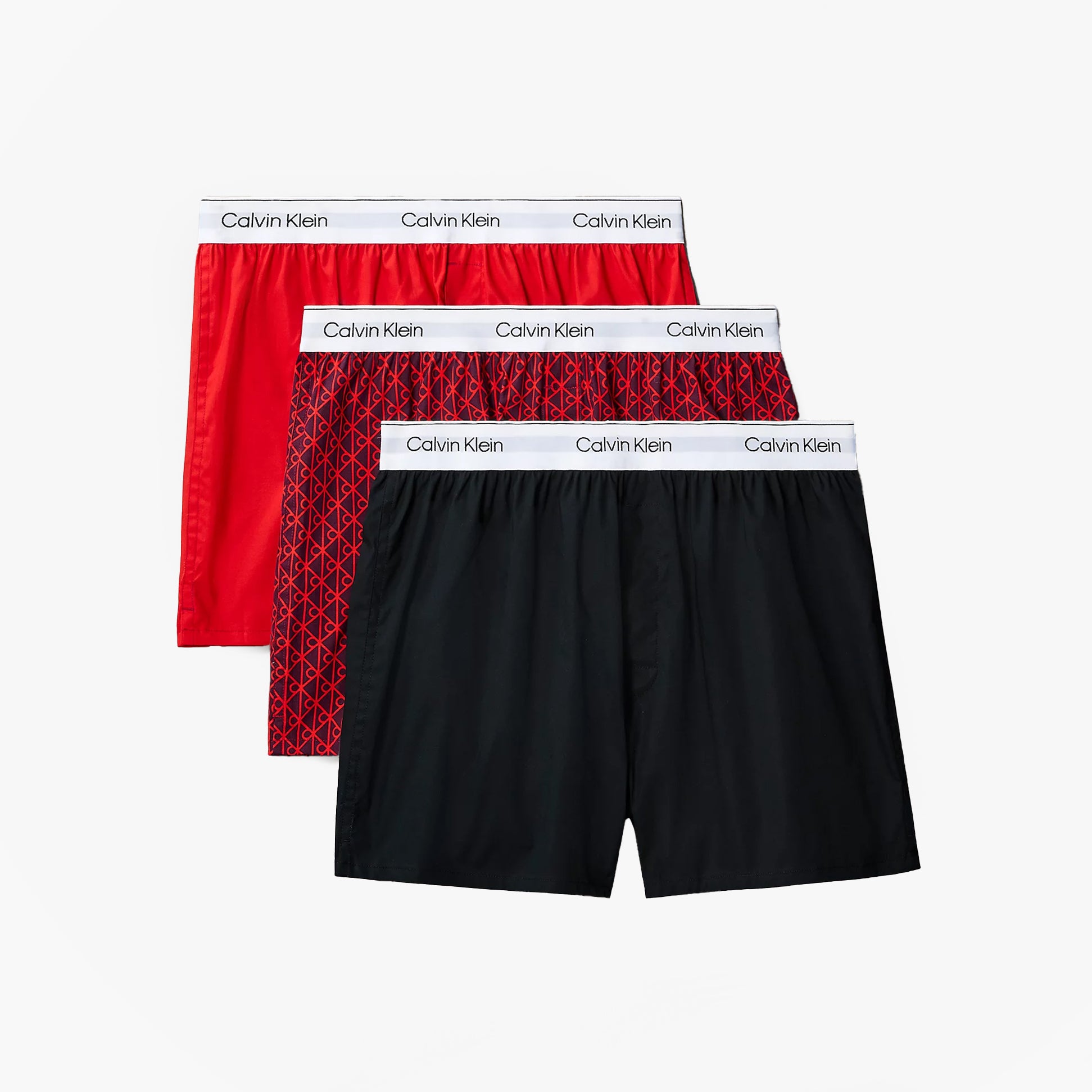 Calvin Klein BOXER SLIM 3 Pack Mens Cotton Stretch Multicoloured front view displaying red and black boxers.