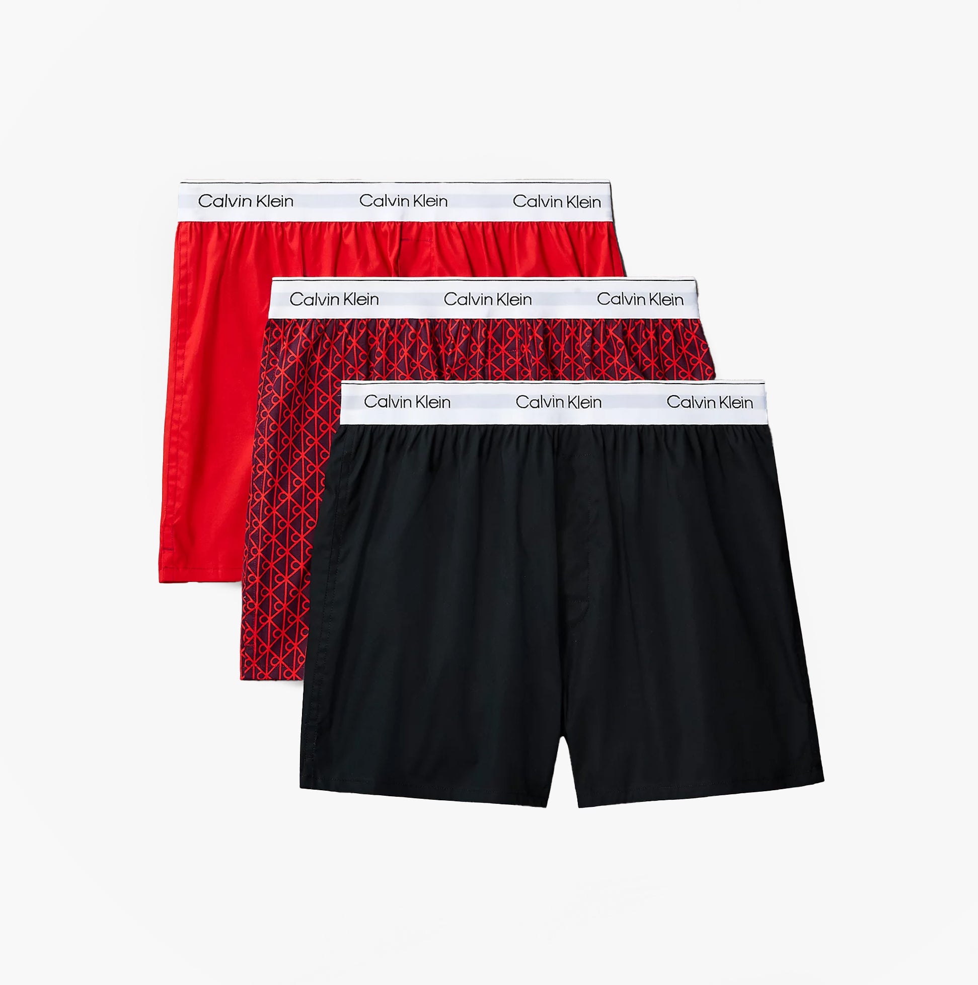 Calvin Klein BOXER SLIM 3 Pack Mens Cotton Stretch Multicoloured front view displaying red and black boxers.