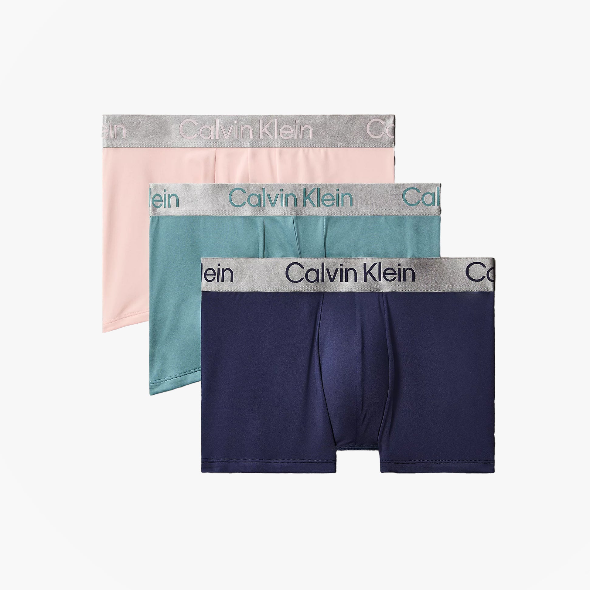 Calvin Klein TRUNK 3 Pack Mens Micro Stretch Multicoloured front view showcasing three pairs in pink, teal, and navy.