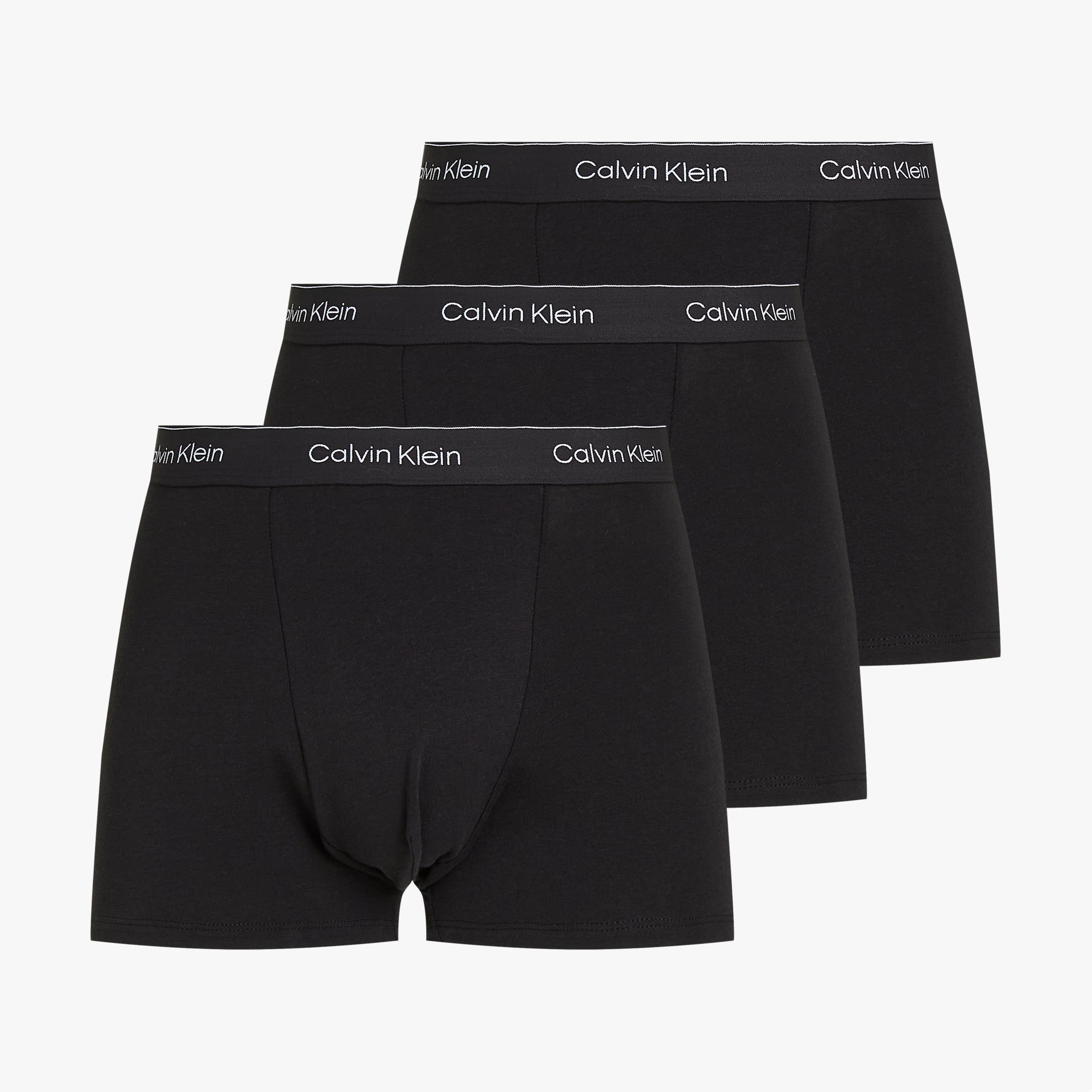 Calvin Klein ICON Cotton Stretch 3 Pack Dart Trunks Black front view showcasing three pairs with CK branded waistband.