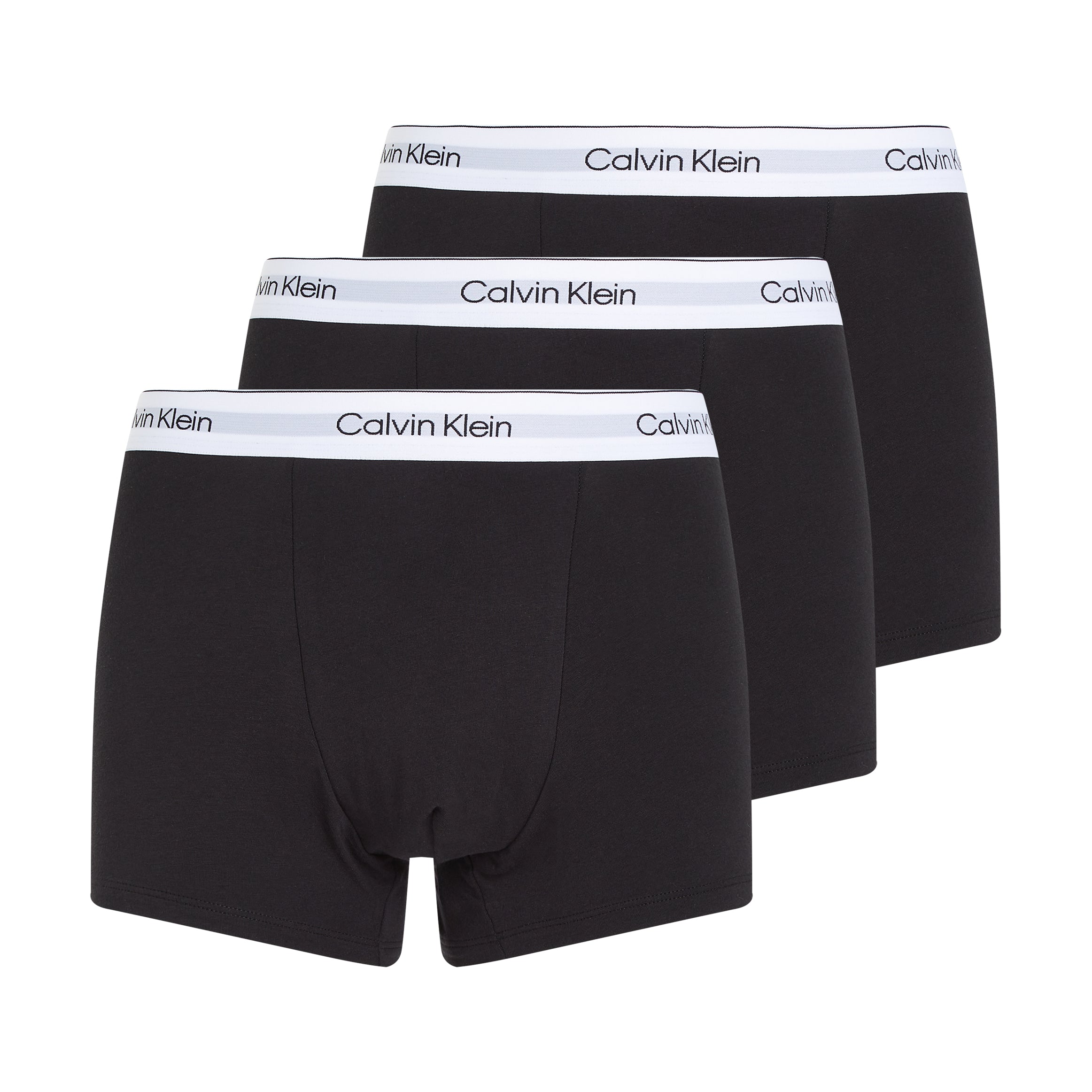 Calvin Klein ICON Cotton Stretch 3 Pack Dart Trunks Black/White, front view showcasing three trunks with CK signature waistband.