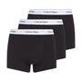 Calvin Klein ICON Cotton Stretch 3 Pack Dart Trunks Black/White, front view showcasing three trunks with CK signature waistband.