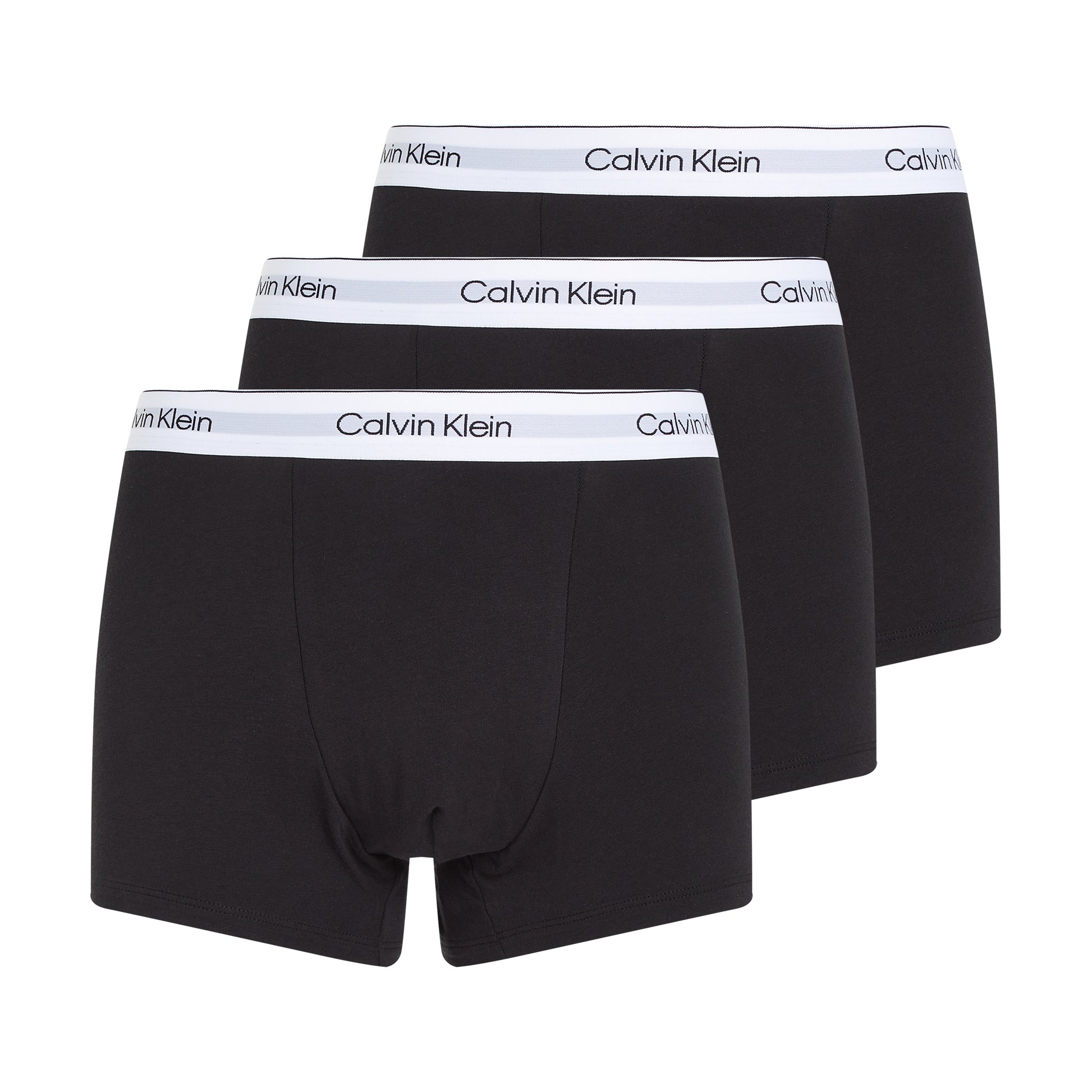 Calvin Klein ICON Cotton Stretch 3 Pack Dart Trunks Black/White, front view showcasing three trunks with CK signature waistband.