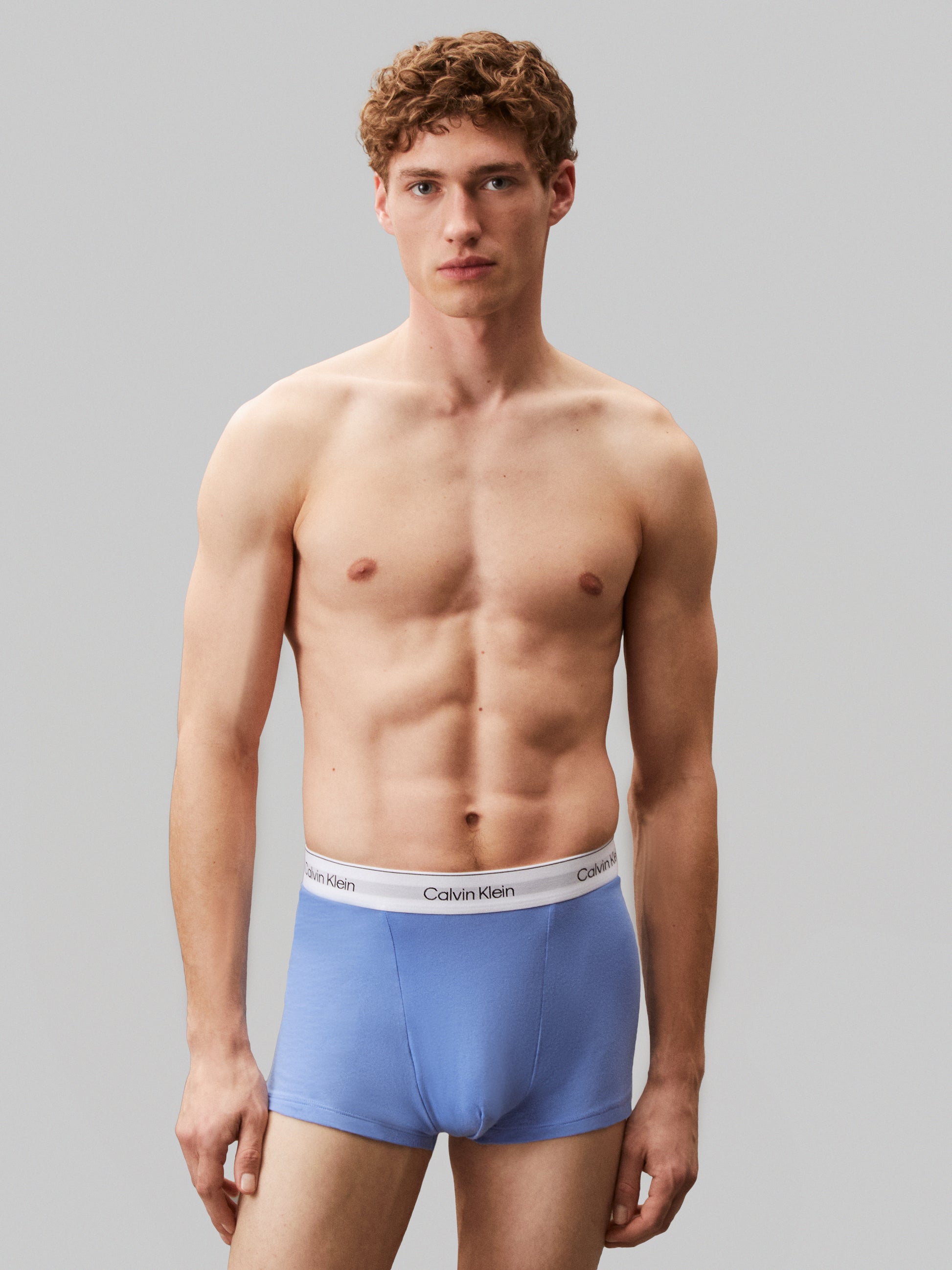 Calvin Klein ICON COTTON STRETCH 3 Pack Mens Dart Trunks Multicoloured front view on model, showcasing the Calvin Klein signature waistband.