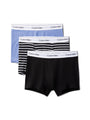 Calvin Klein ICON COTTON STRETCH 3 Pack Mens Dart Trunks Multicoloured front view showing blue, striped, and black trunks.