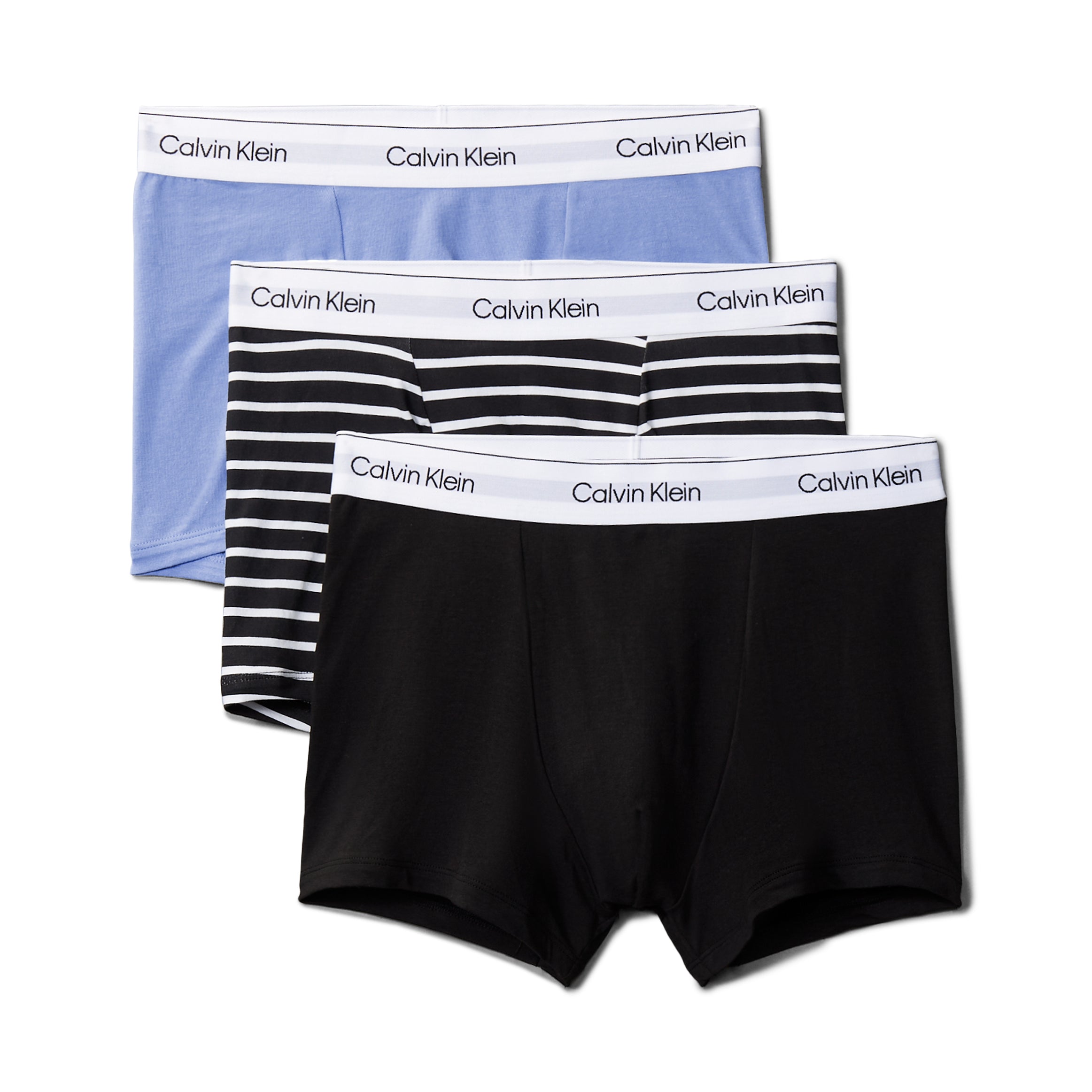 Calvin Klein ICON COTTON STRETCH 3 Pack Mens Dart Trunks Multicoloured front view showing blue, striped, and black trunks.