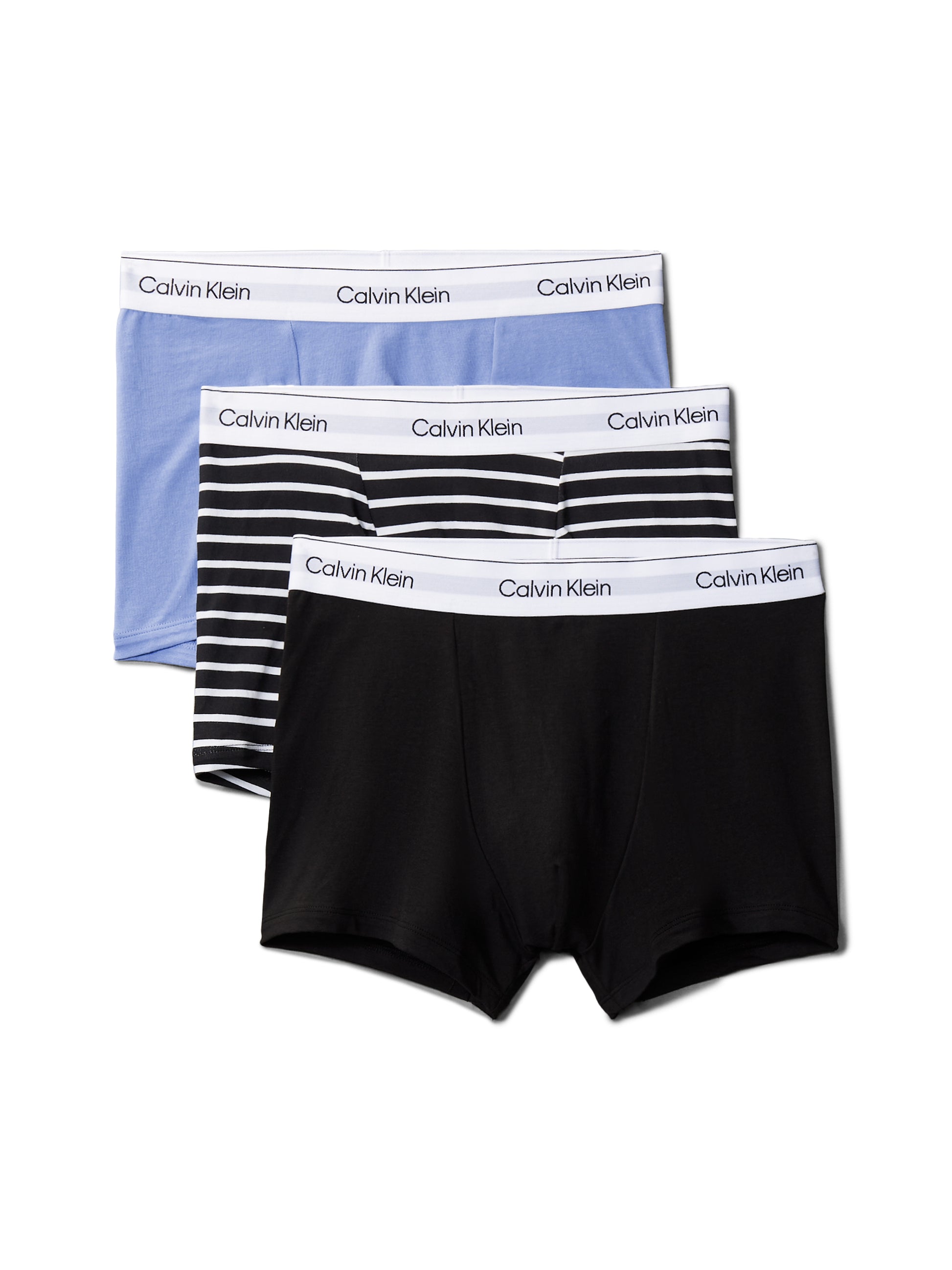 Calvin Klein ICON COTTON STRETCH 3 Pack Mens Dart Trunks Multicoloured front view showing blue, striped, and black trunks.