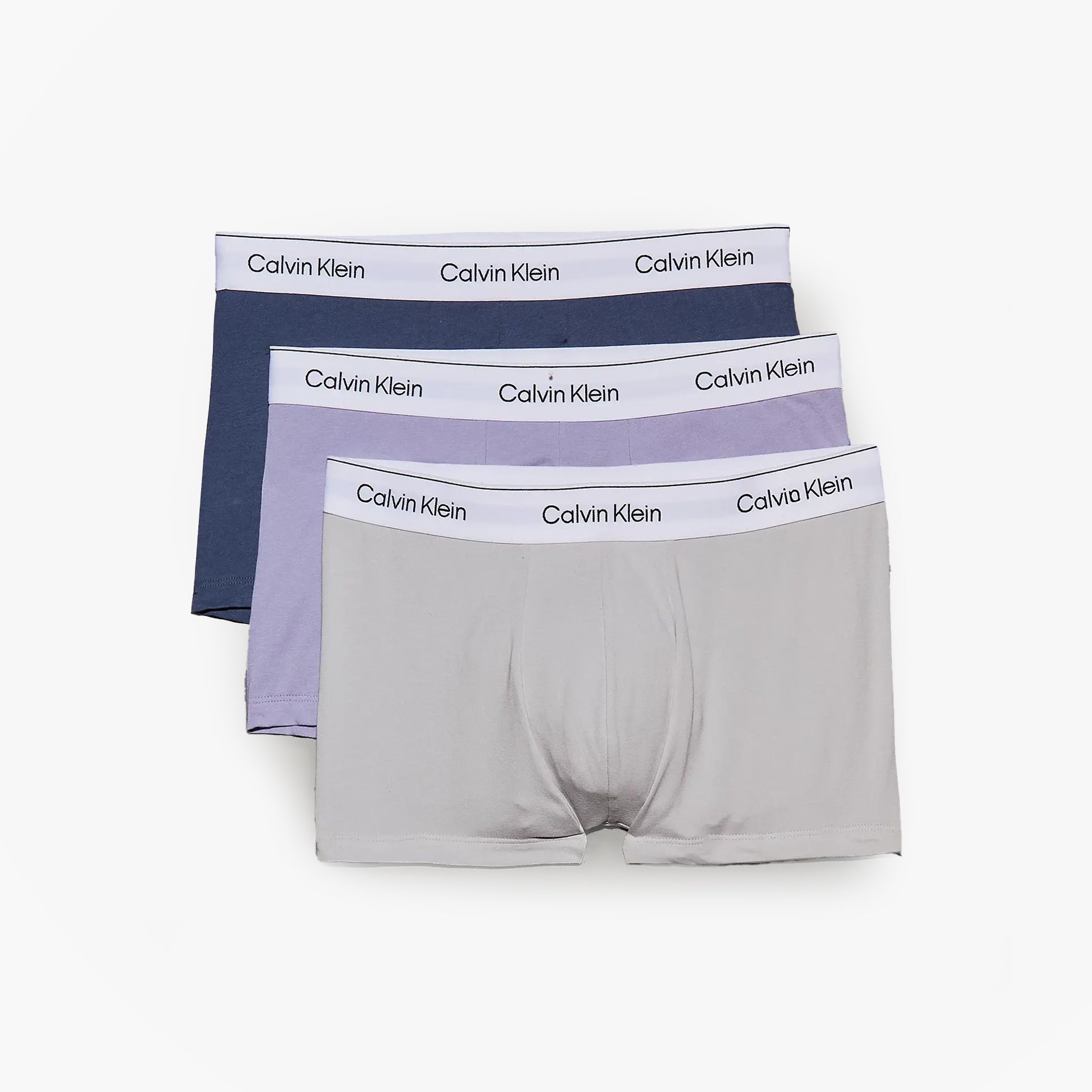 Calvin Klein TRUNK 3 Pack Mens Multicoloured front view showcasing three pairs of soft cotton blend trunks in navy, lilac, and grey.