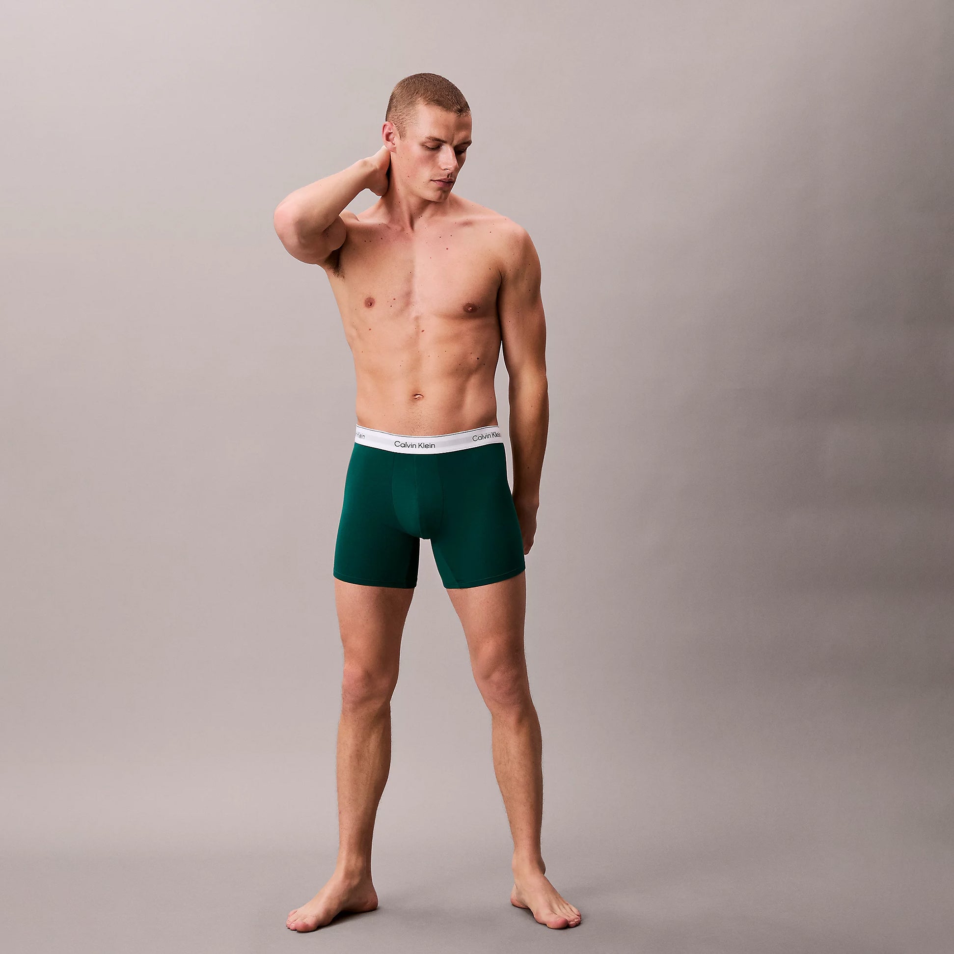 Calvin Klein BOXER BRIEF 3 Pack Mens Cotton Stretch Multicolour side view model wearing green boxer briefs