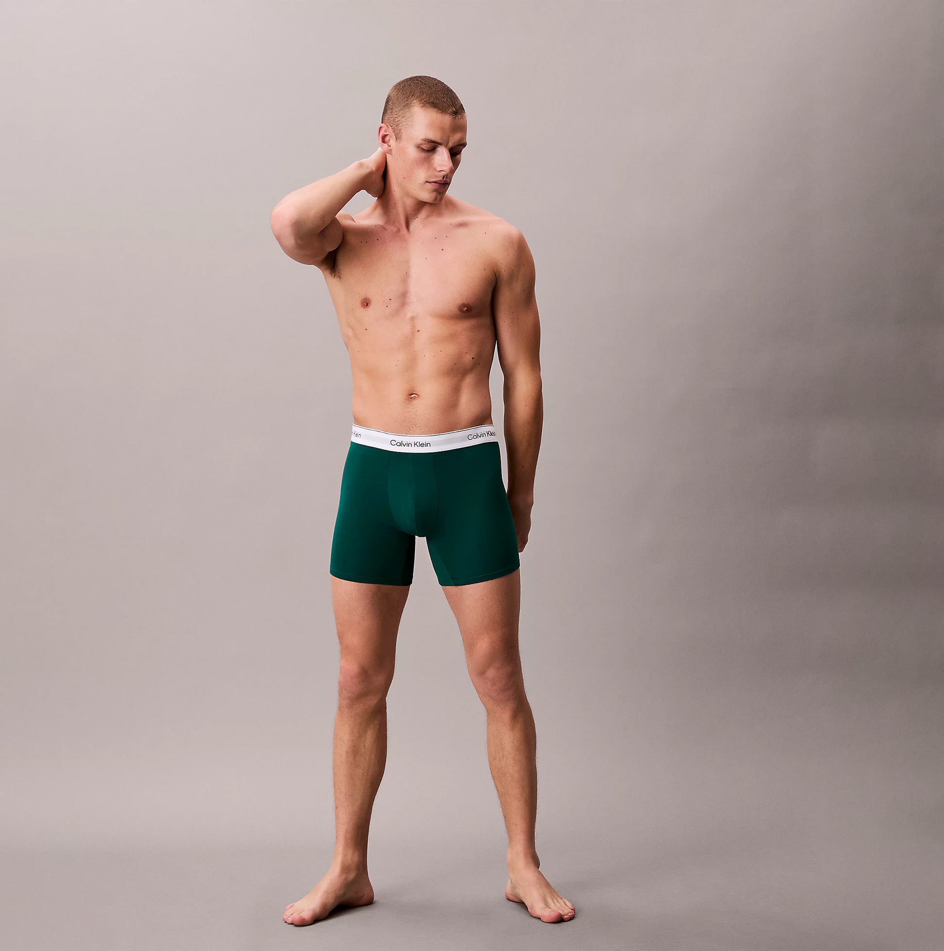 Calvin Klein BOXER BRIEF 3 Pack Mens Cotton Stretch Multicolour side view model wearing green boxer briefs