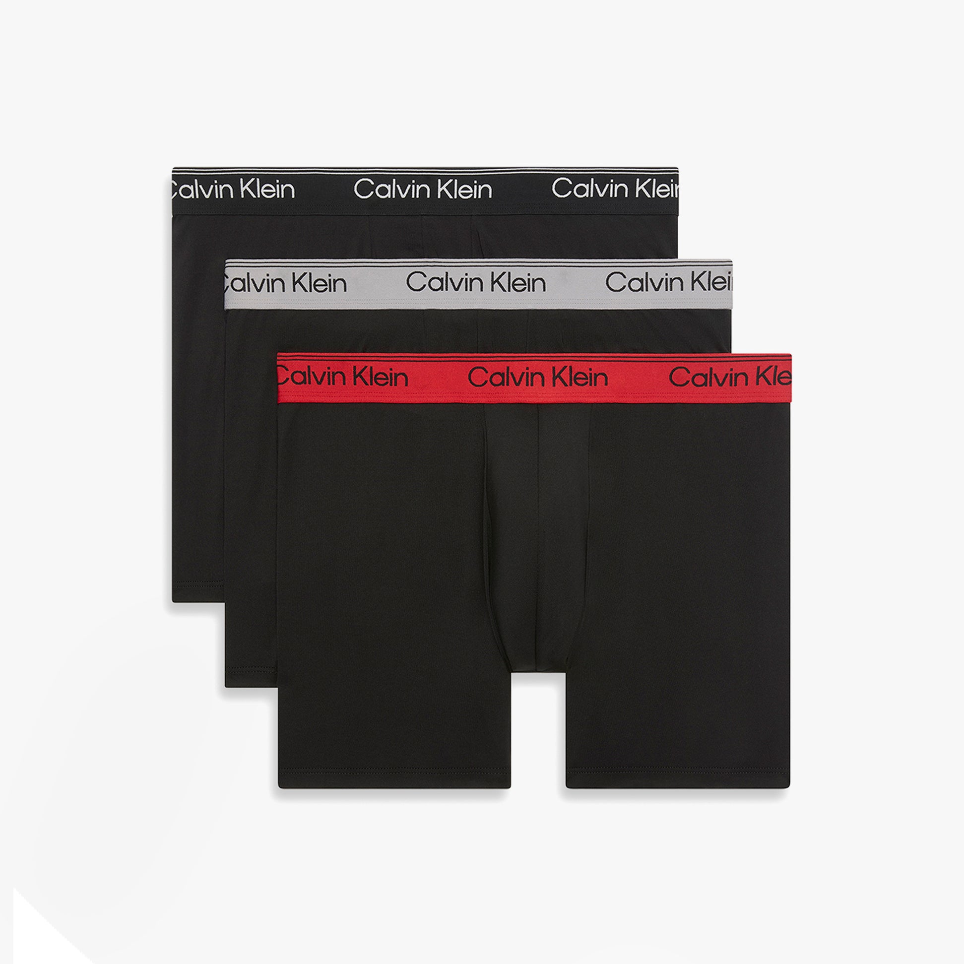 Calvin Klein BOXER BRIEF 3 Pack Mens Microfibre Stretch Black, side view showing three pairs with various waistband colors.