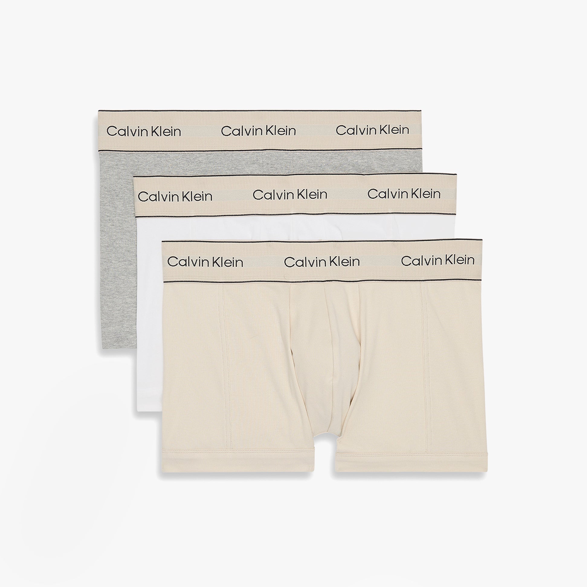 Calvin Klein TRUNK 3 PACK Mens Cotten Stretch Multicoloured displayed in front view, featuring grey, white, and beige trunks with logo waistband.