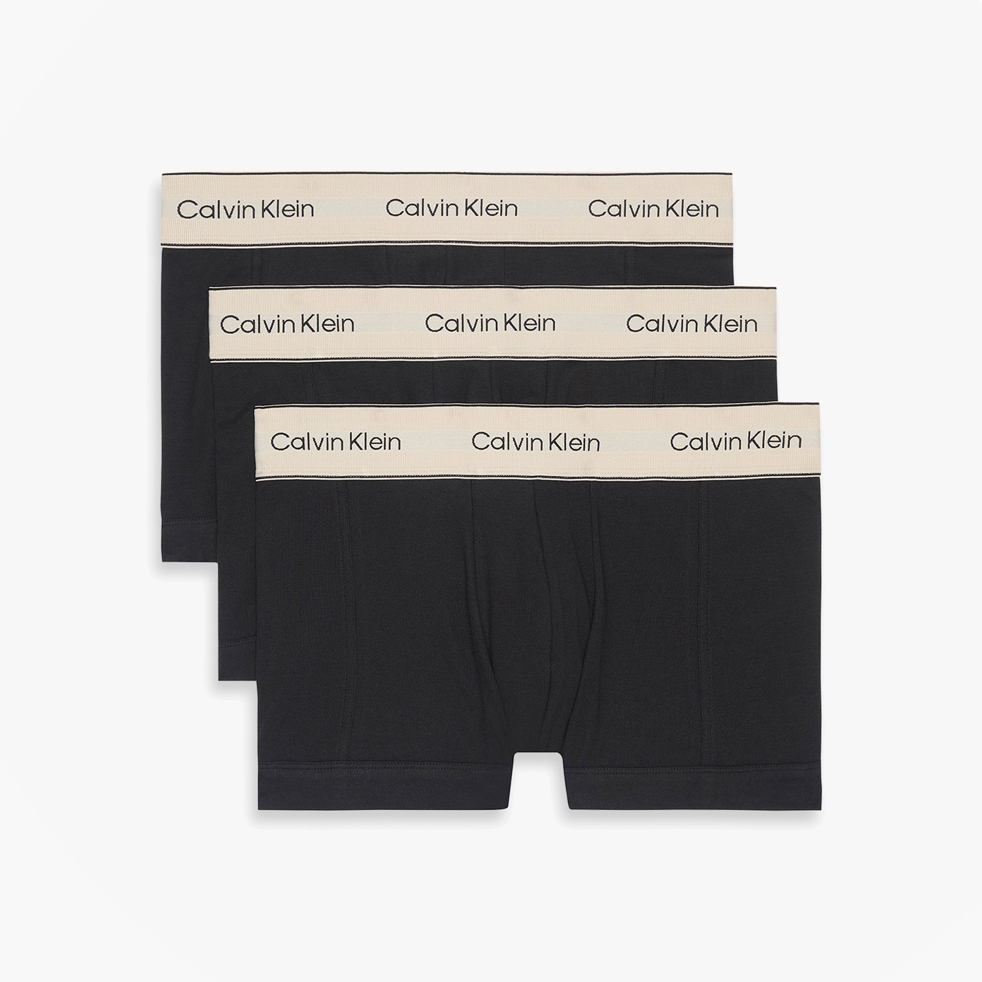 Calvin Klein TRUNK 3 Pack Mens Black front view showing three pairs of black underwear with logo waistband.