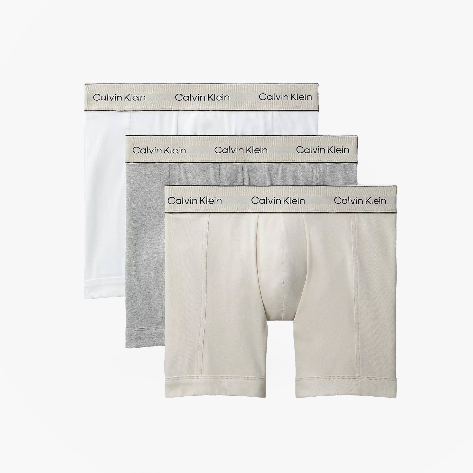 Calvin Klein BOXER BRIEF 3 Pack Mens Cotten Stretch Multicoloured front view showing three pairs in white, grey, and beige.