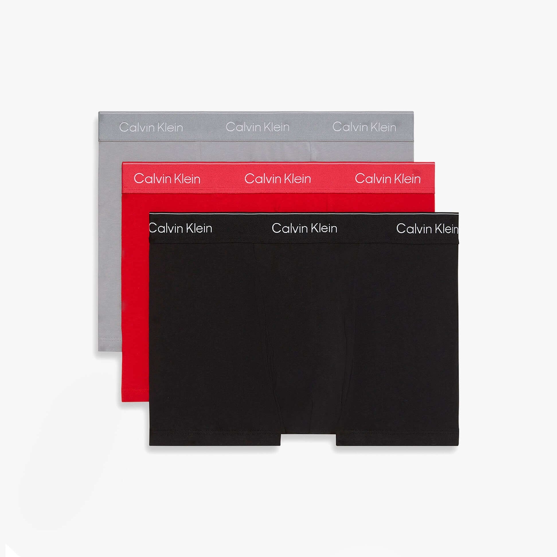 Calvin Klein RELAXED FIT Mens 3 Pack Trunks Multicoloured showing front view with red, grey, and black trunks.