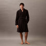 Calvin Klein COMFORT FRENCH TERRY Mens Bathrobes Black front view, model wearing soft black robe, perfect fit and style.