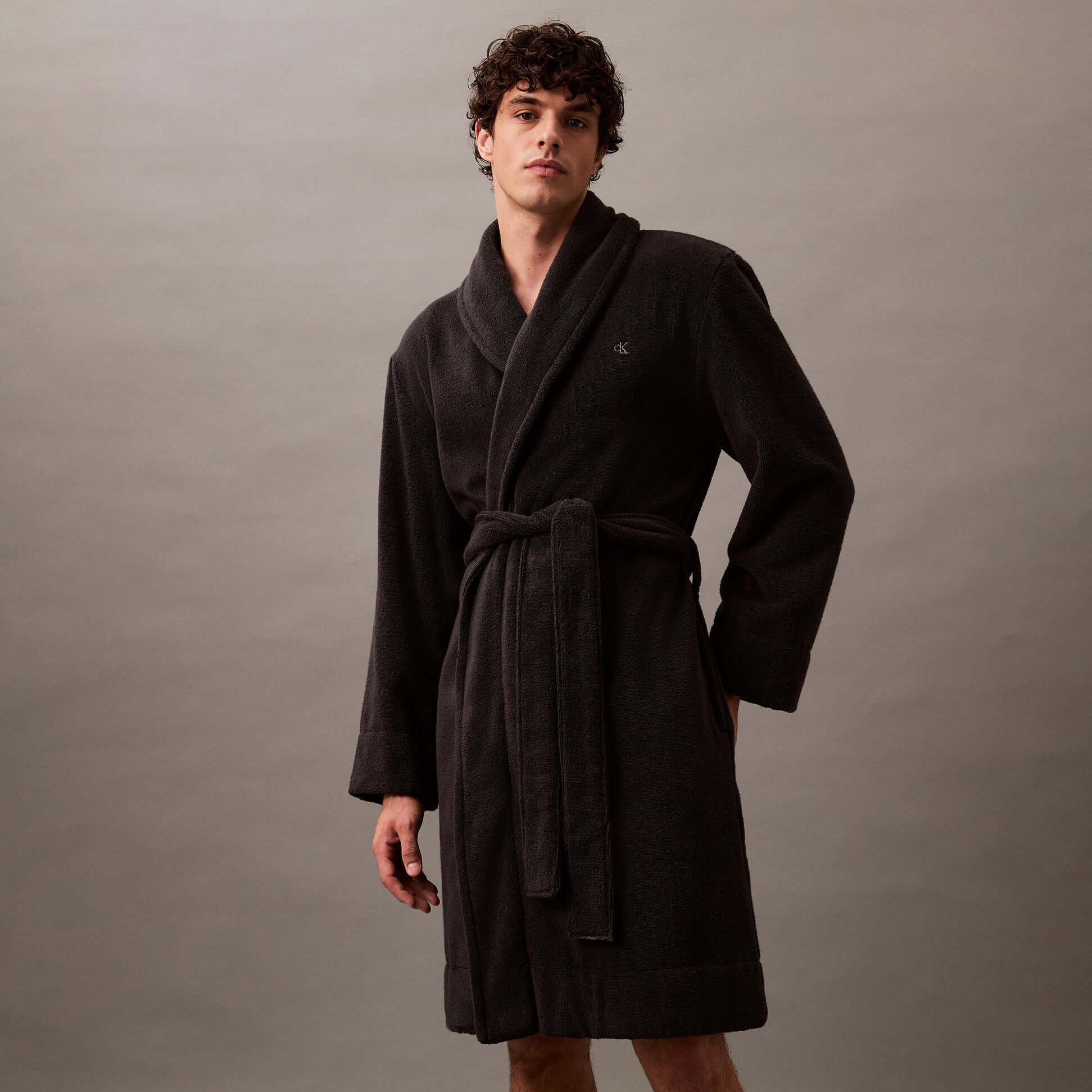 Calvin Klein COMFORT FRENCH TERRY Mens Bathrobes Black front view showcasing the soft terry fabric and regular fit.