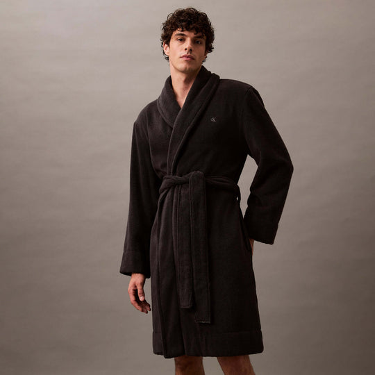 Calvin Klein COMFORT FRENCH TERRY Mens Bathrobes Black front view showcasing the soft terry fabric and regular fit.