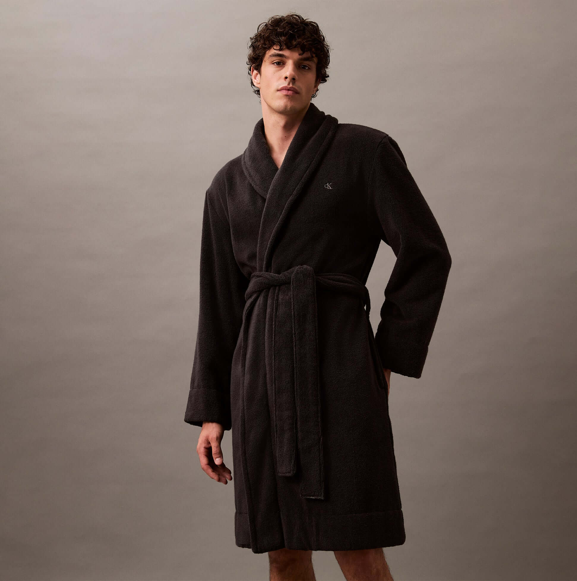Calvin Klein COMFORT FRENCH TERRY Mens Bathrobes Black front view showcasing the soft terry fabric and regular fit.