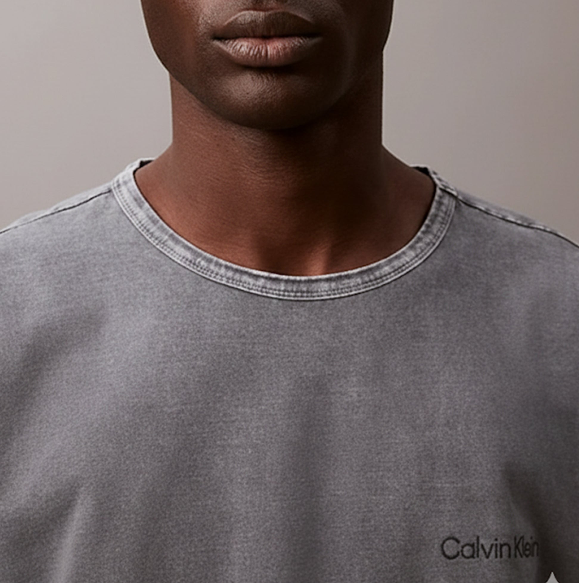 Calvin Klein 100% COTTON Mens Lounge T-Shirt Forged Iron, front view highlighting crew neckline and CK logo.