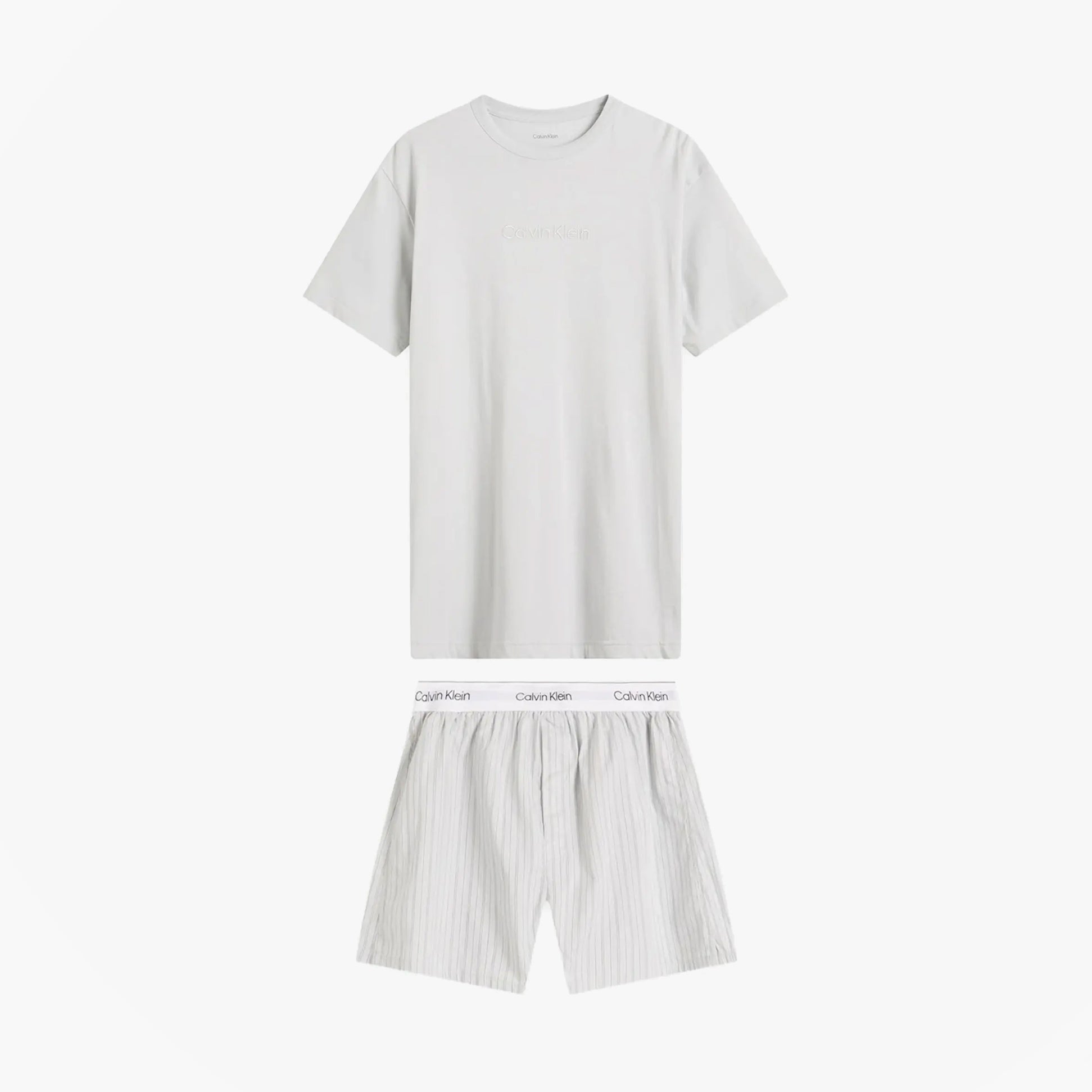 Calvin Klein CREW POPLIN Mens T-Shirt & Boxer Shorts Set Grey front view featuring a grey t-shirt and striped boxer shorts.