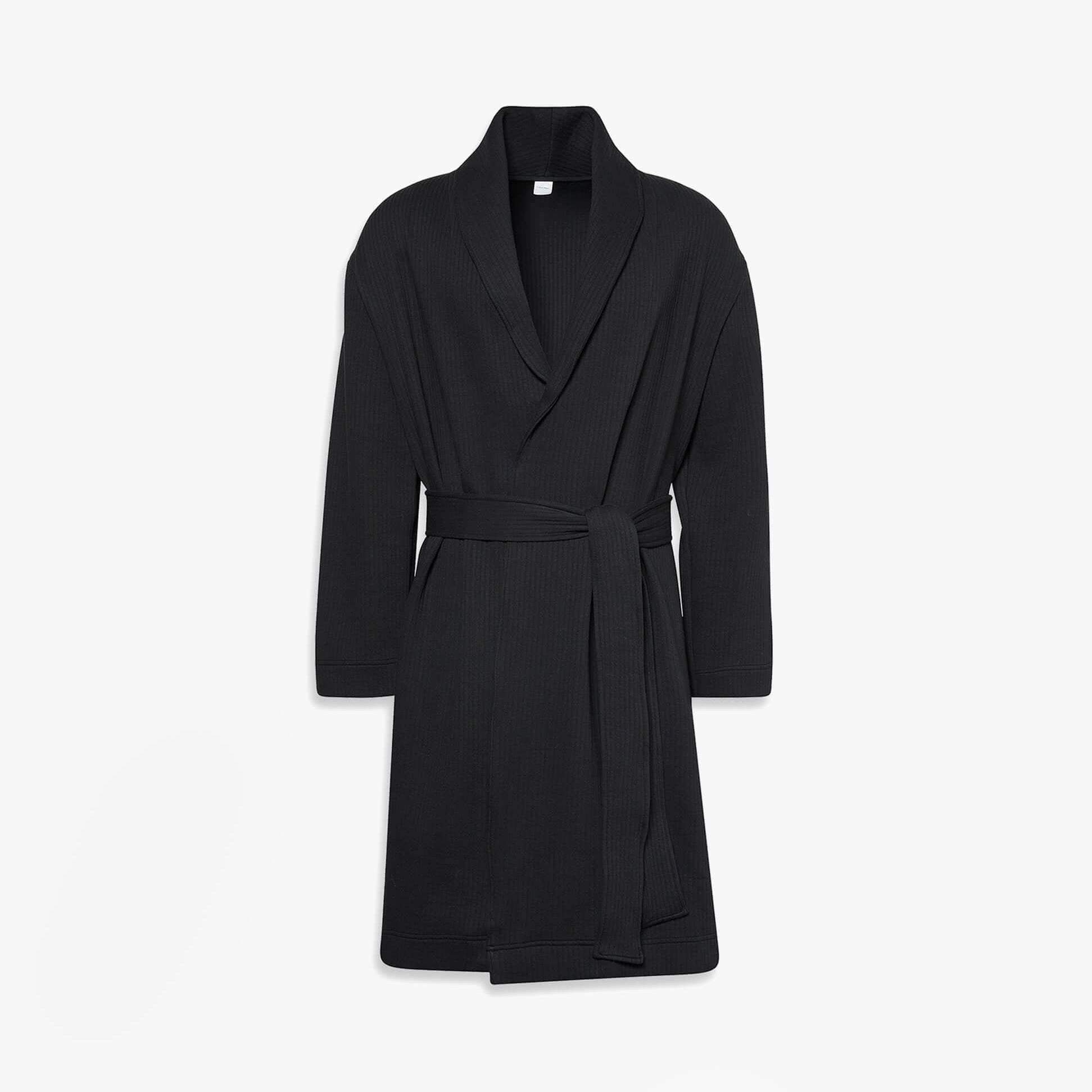 Calvin Klein QUILTED ROBE Mens Bathrobes Black front view, 100% cotton, long sleeves, regular fit.