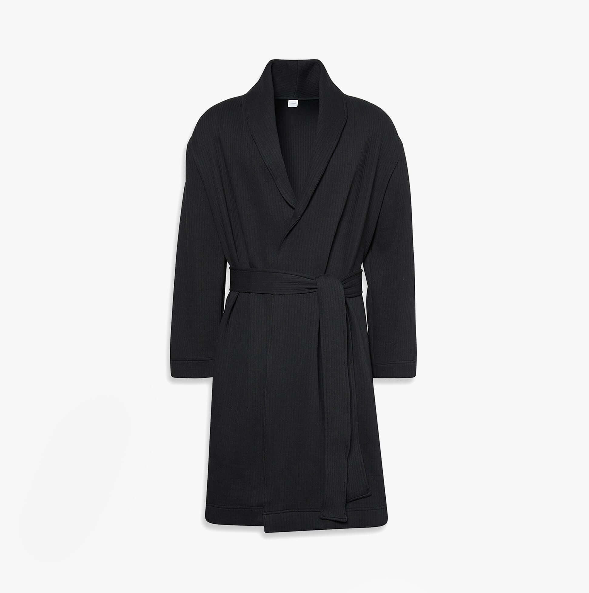 Calvin Klein QUILTED ROBE Mens Bathrobes Black front view, 100% cotton, long sleeves, regular fit.