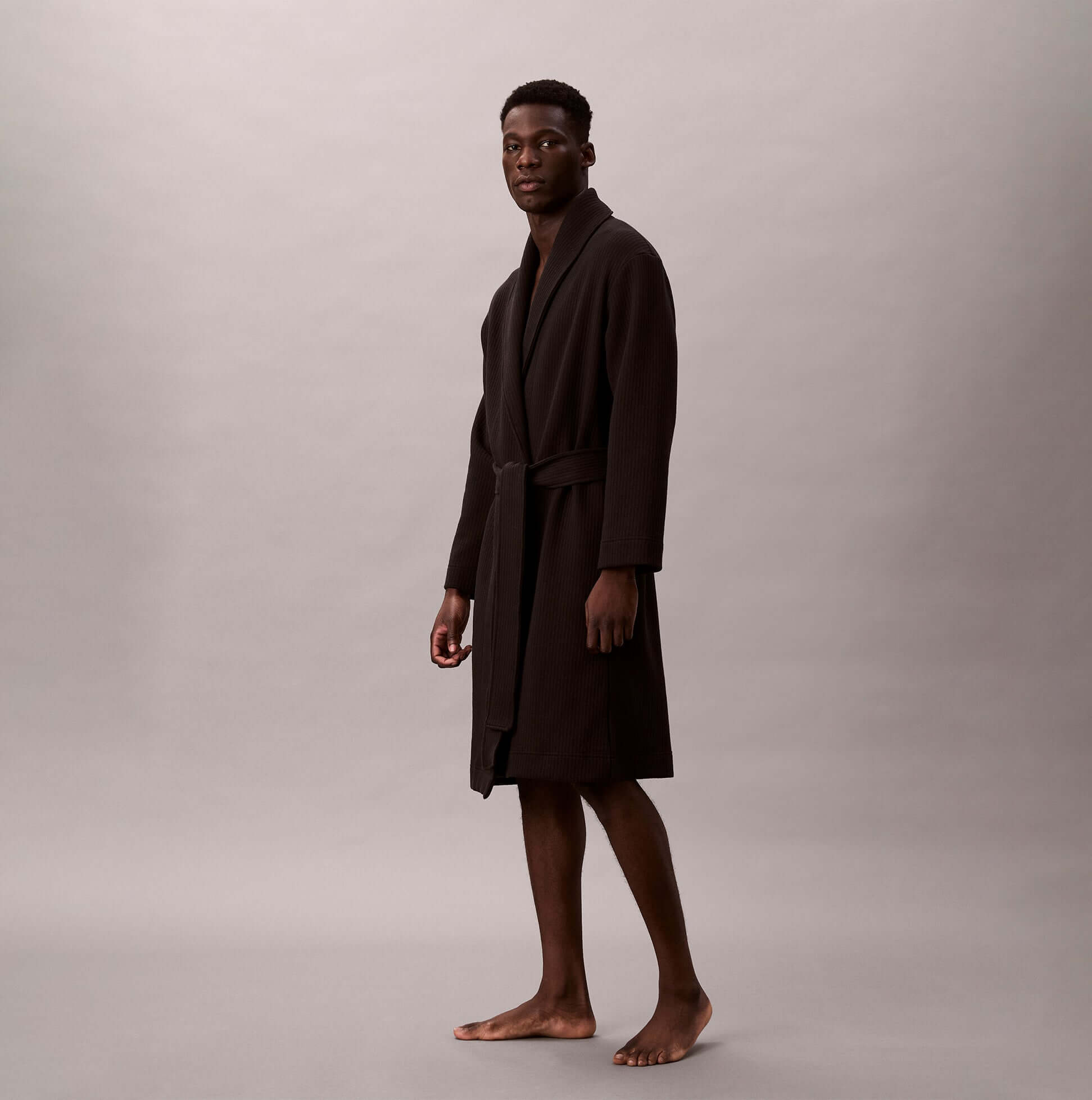 Calvin Klein QUILTED ROBE Mens Bathrobes Black side view of model wearing robe