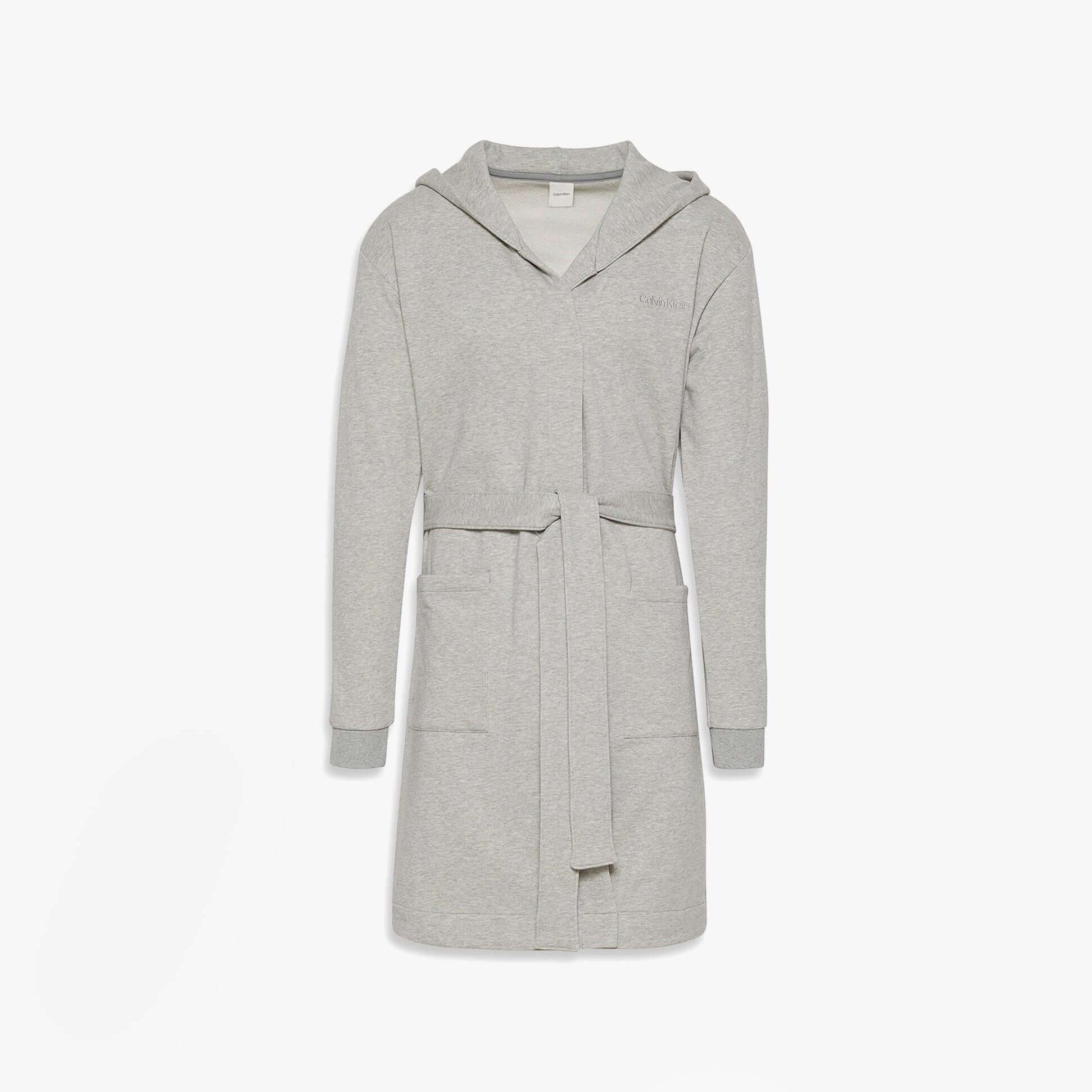 Calvin Klein HOODED ROBE Mens Bathrobes Grey Heather Front view showcasing the stylish design and details of the robe.