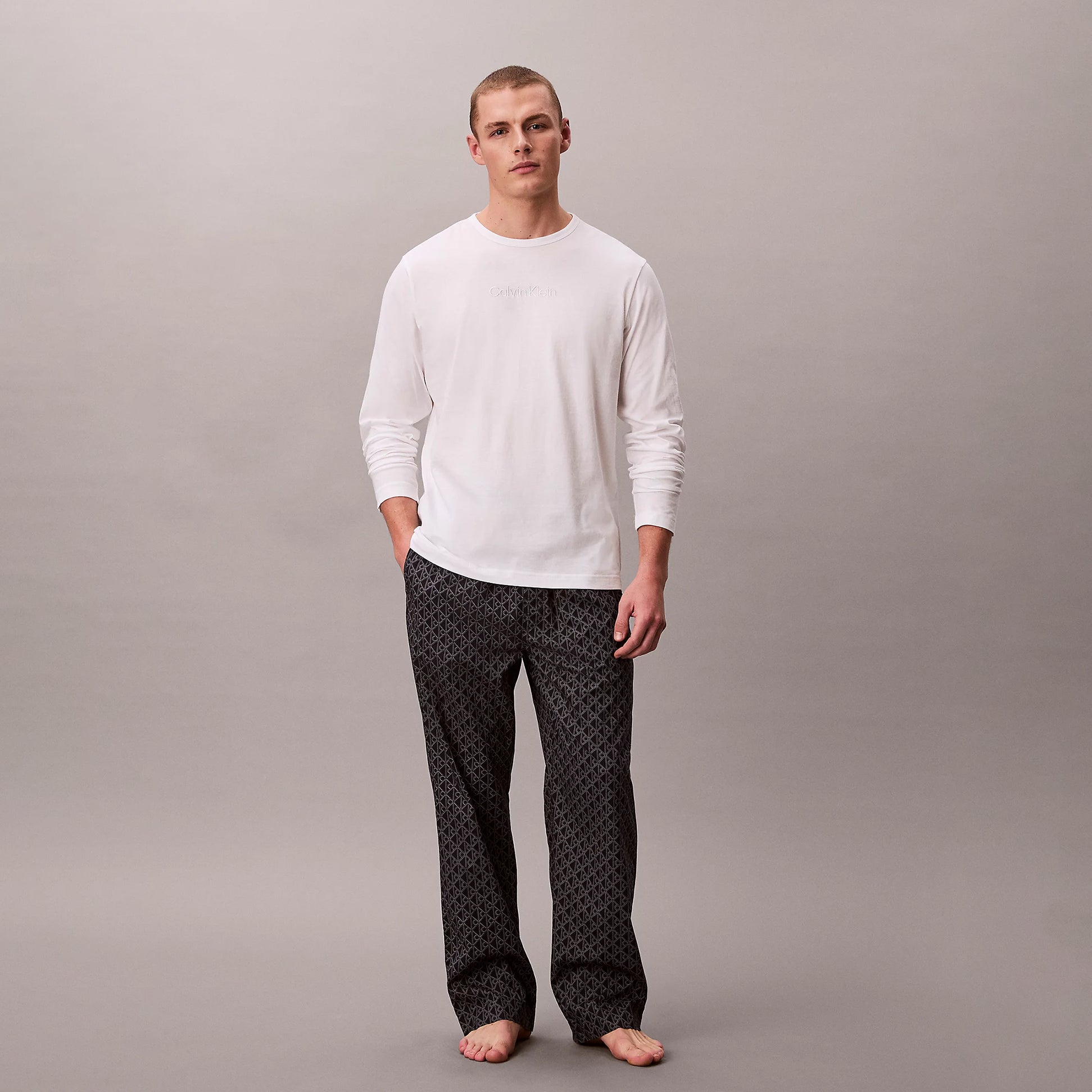 Calvin Klein LS TEE PANT SET Mens Multicoloured front view showcasing long sleeve tee and patterned pants.