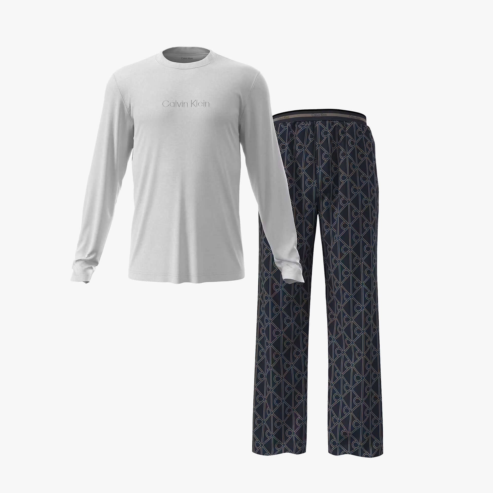 Calvin Klein LS TEE PANT SET Mens Multicoloured front view showcasing long sleeve tee and patterned pants.