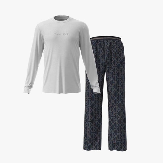 Calvin Klein LS TEE PANT SET Mens Multicoloured front view showcasing long sleeve tee and patterned pants.