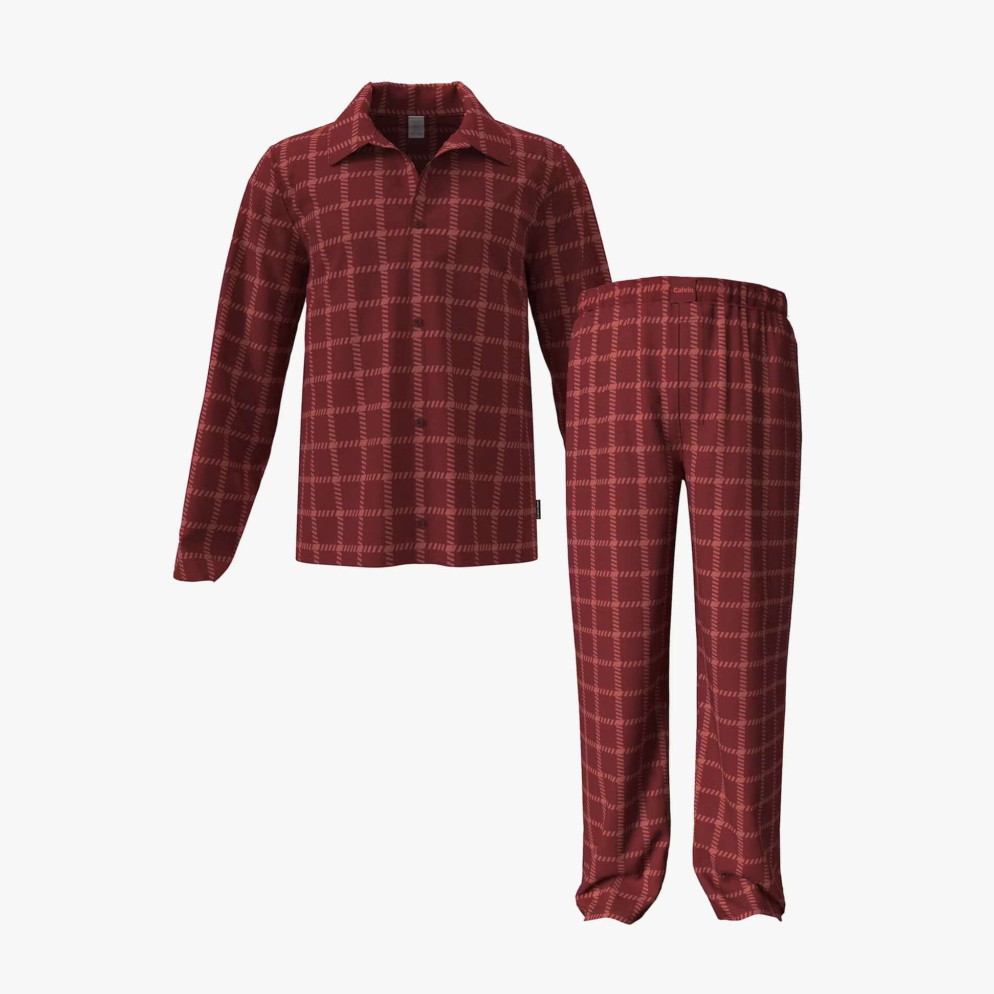 Calvin Klein LS BUTTON DOWN PANT Mens Pant Set Club Check front view of burgundy checkered long sleeve shirt and pants.