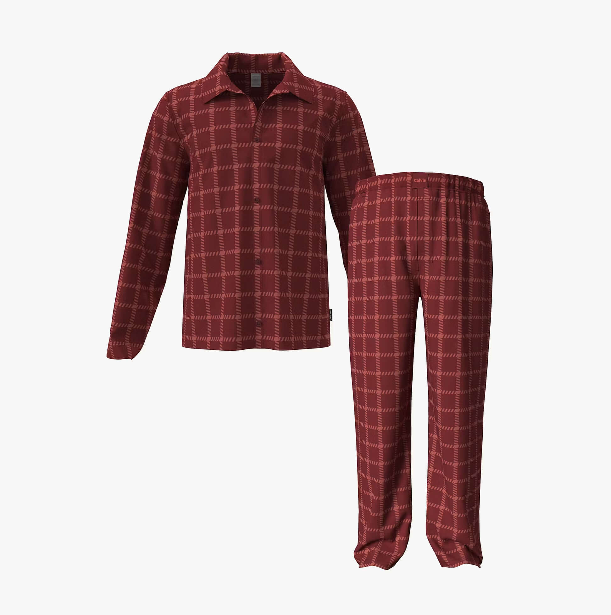 Calvin Klein LS BUTTON DOWN PANT Mens Pant Set Club Check front view of burgundy checkered long sleeve shirt and pants.