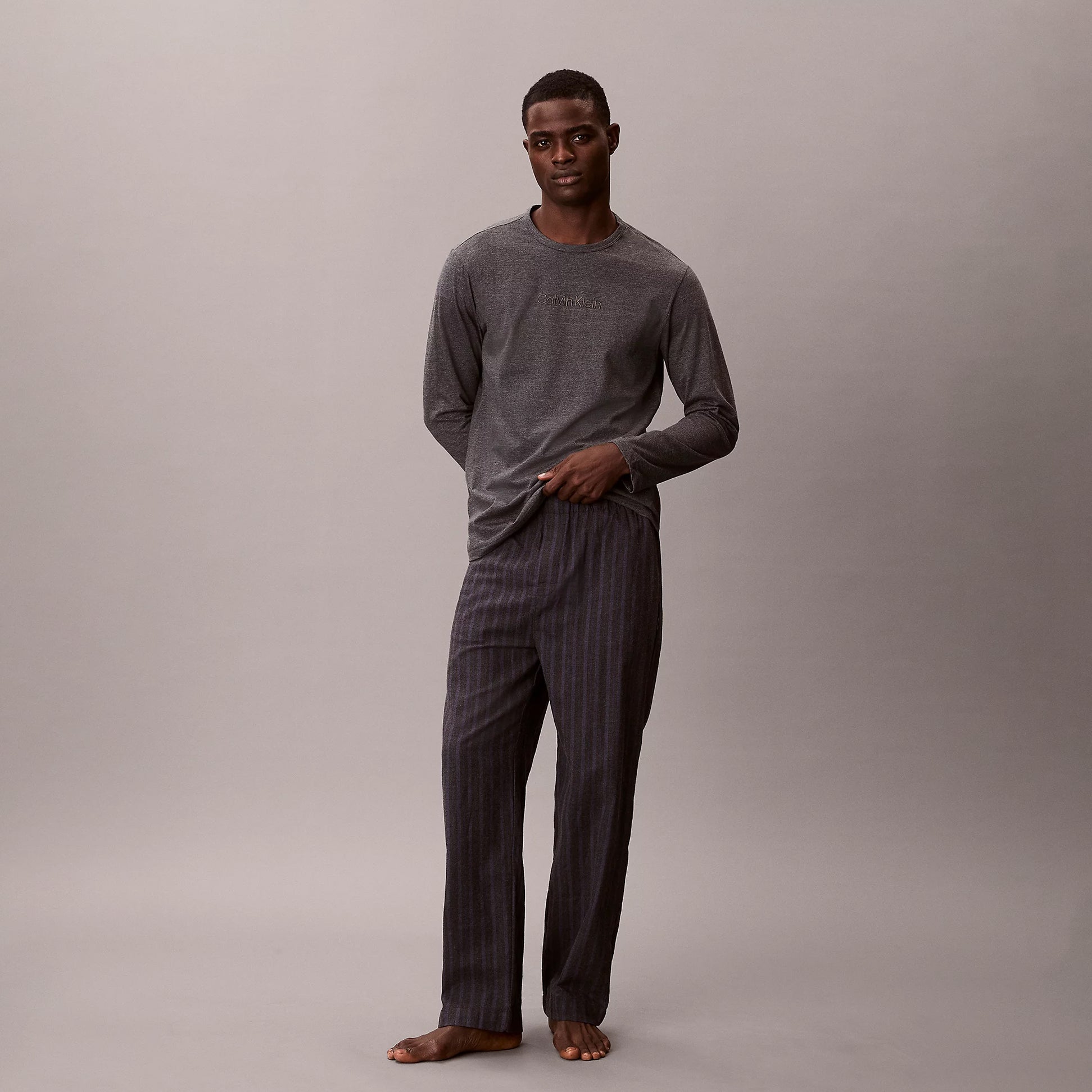 Calvin Klein LS TEE PANT SET Mens Multicoloured front view featuring long sleeve tee and striped pants.